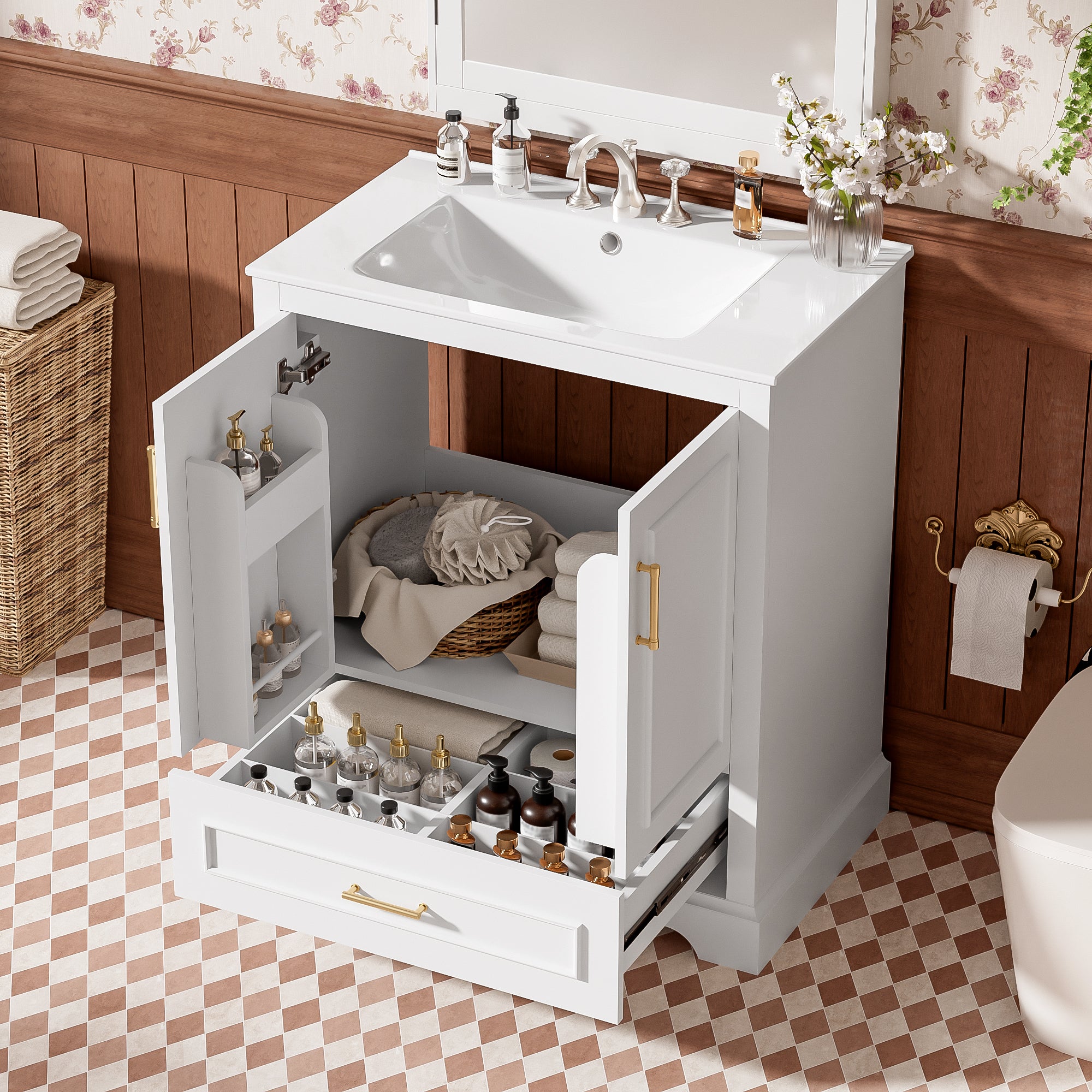 30' Bathroom Vanity with Sink, MDF and Solid Wood Frame, 1 Divider Drawer and 2 Soft-close Doors (Double Shelf on Door), Freestanding Vanity