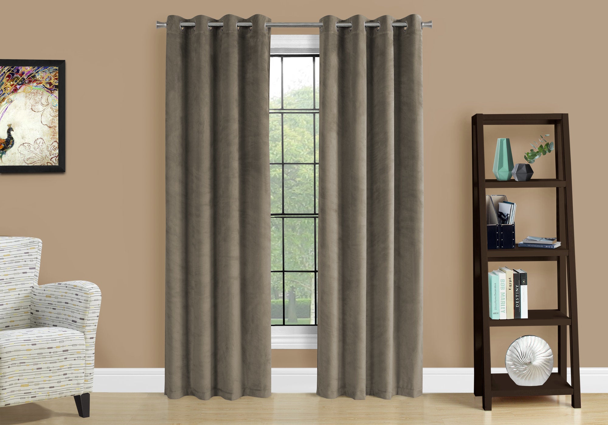 Curtain Panel, 2pcs Set, 52'w X 84'l, Room Darkening, Grommet, Living Room, Bedroom, Kitchen, Taupe Velvet, Contemporary, Modern