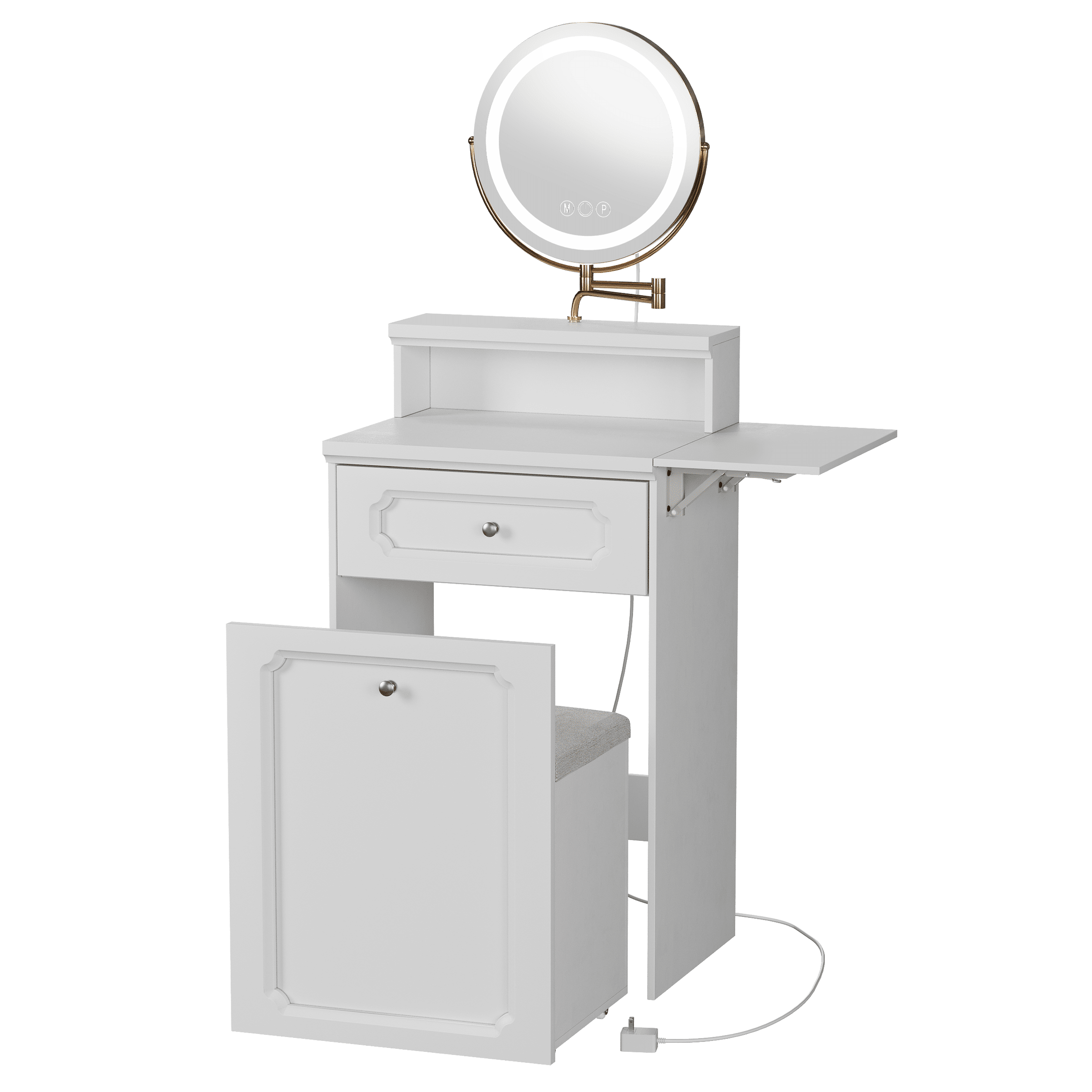 White Makeup Vanity Desk With Round Mirror And Lights,  2 In 1 Nightstand,  Dressing Table With A Chair
