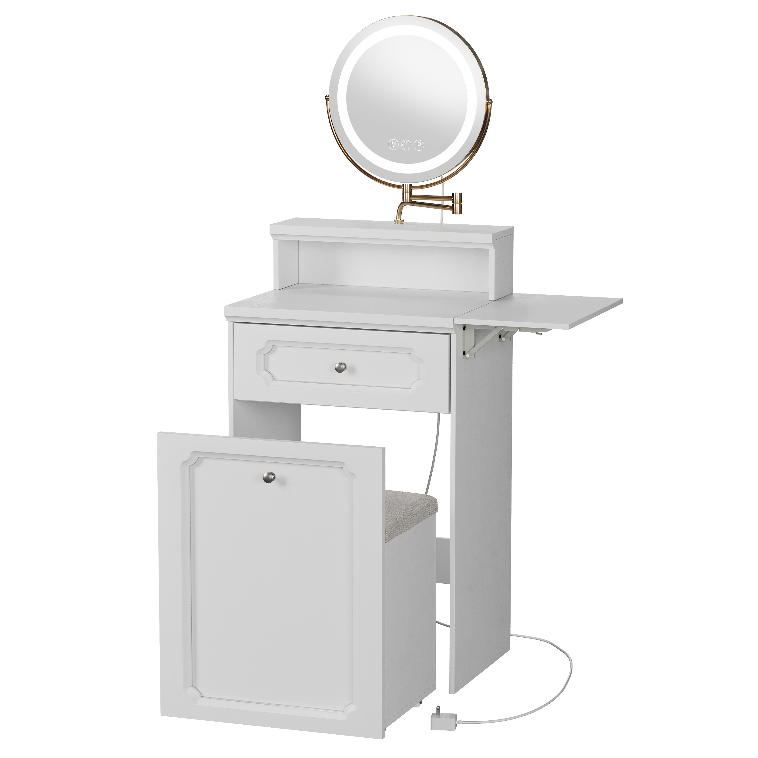 White Makeup Vanity Desk With Round Mirror And Lights,  2 In 1 Nightstand,  Dressing Table With A Chair