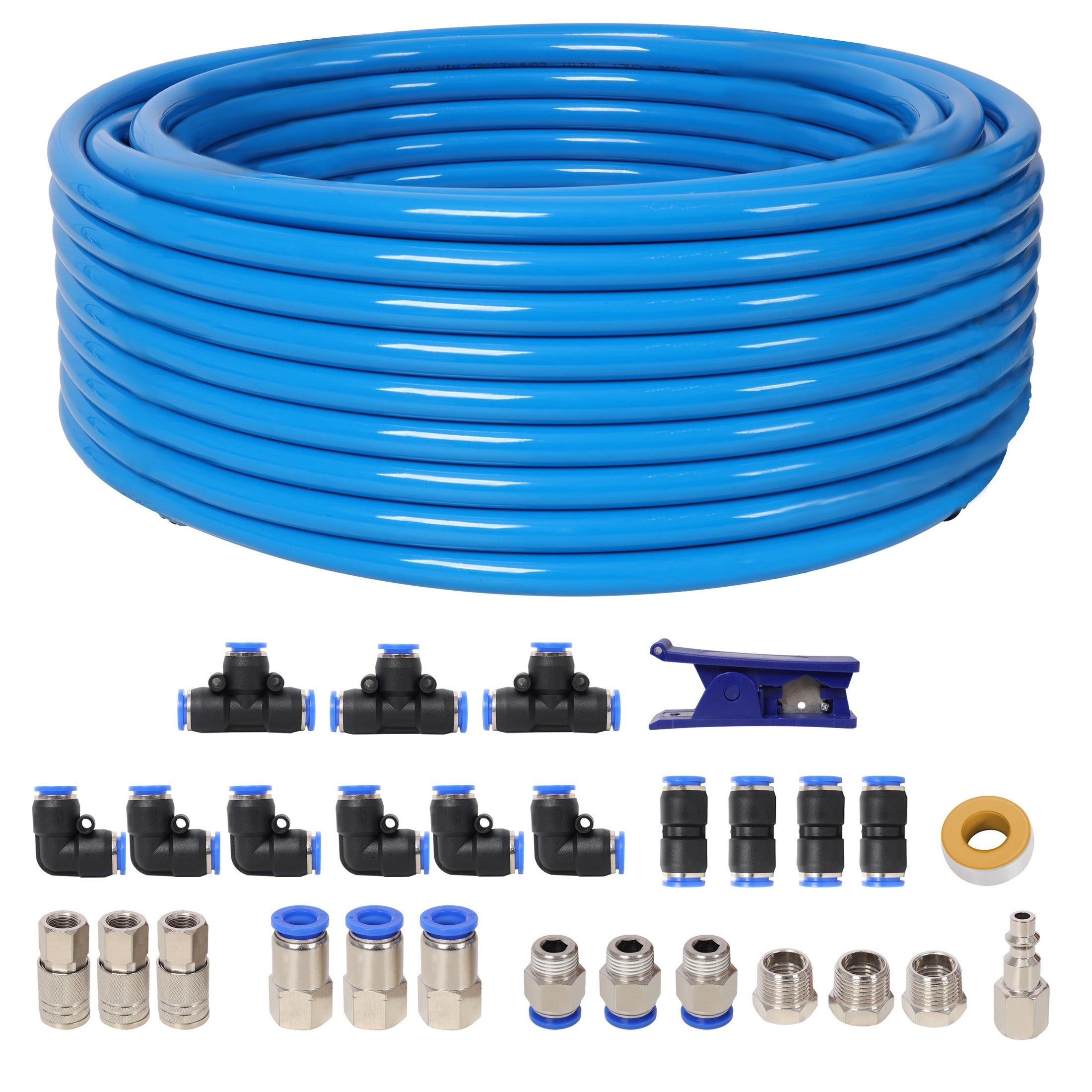 1/2 Inch OD×60 Feet PU Air Tube Kit,Garage Air Compressor Accessories Kit,Industrial Type Quick Connect Coupler and Plug,Blue Tubing