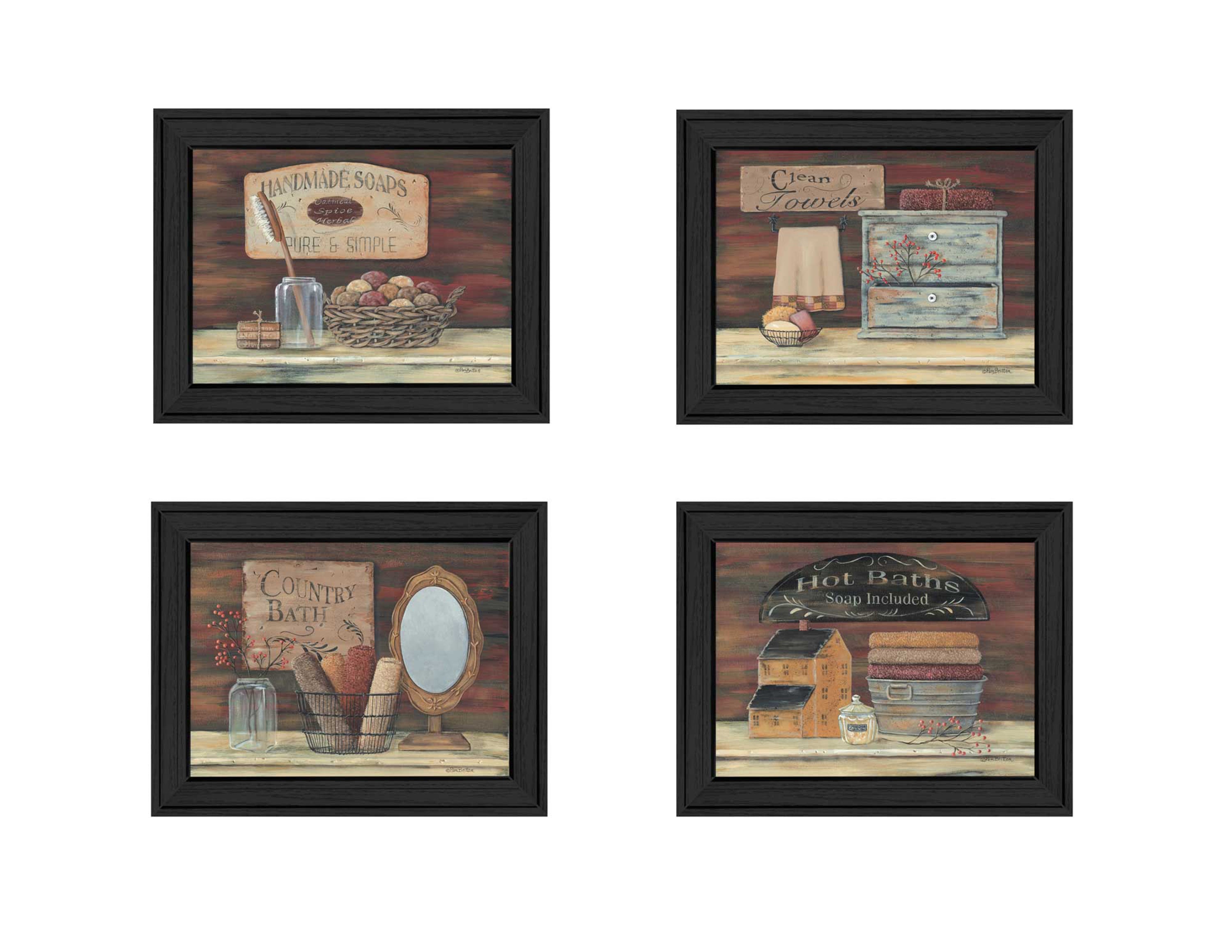 'Bathroom I Collection ' 4-Piece Vignette By Pam Britton, Printed Wall Art, Ready To Hang Framed Poster, Black Frame