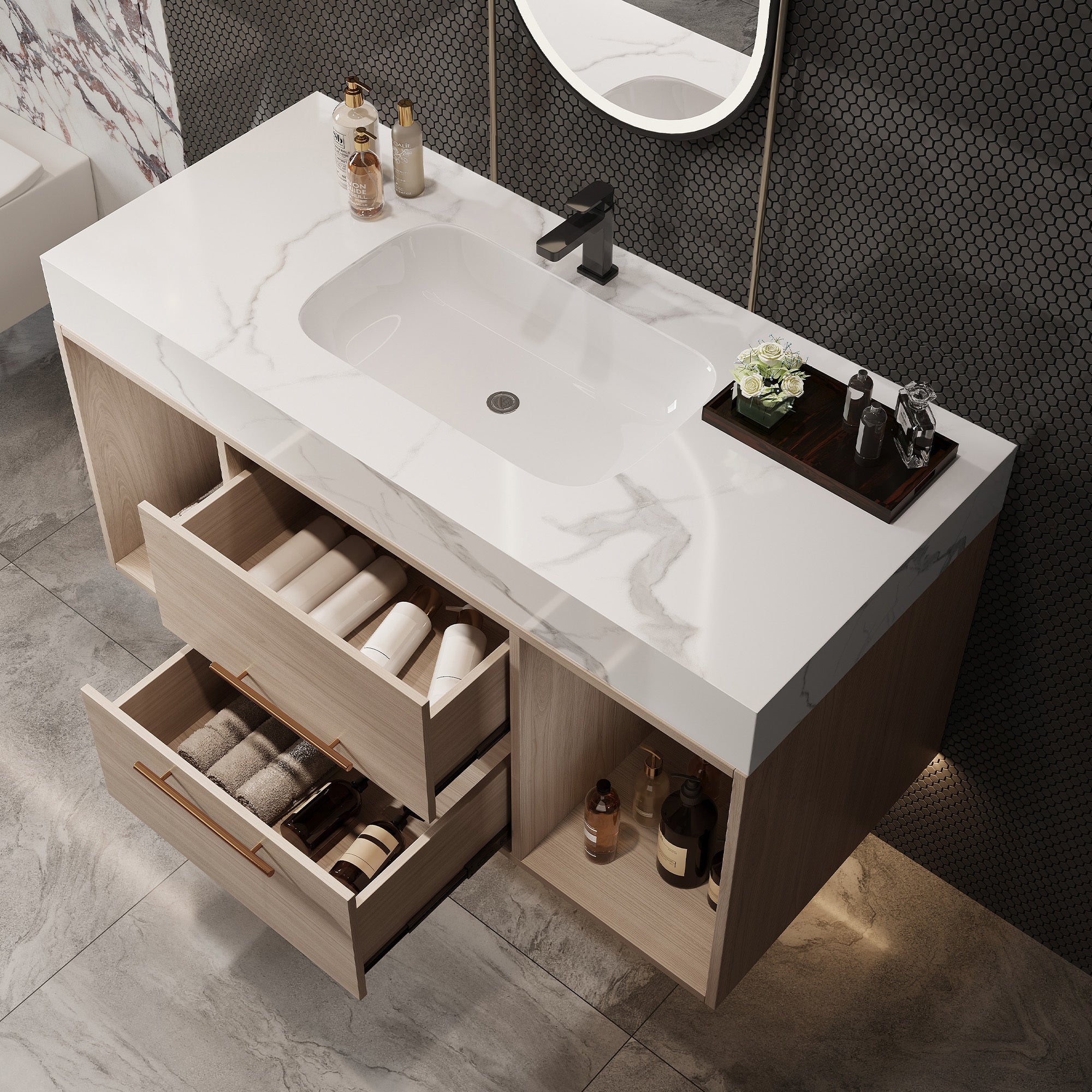 39.4 '' Floating Bathroom Vanity with Ceramic sink,Wall Mounted Vanity 2 Soft Close Drawer and white slate top