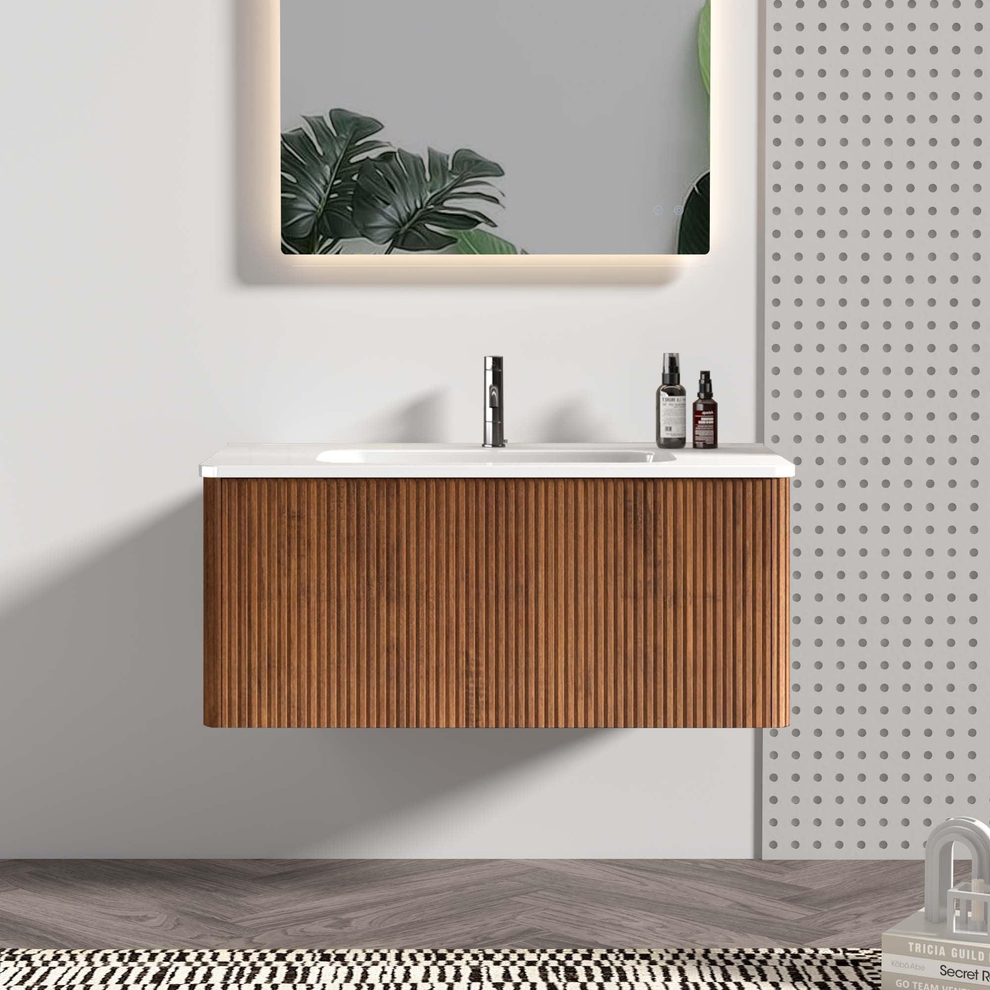 Etna 36' Striped Walnut Bathroom Vanity with White Ceramic Sink, Wall Mounted Floating Bathroom Vanity for Modern Bathroom, KD