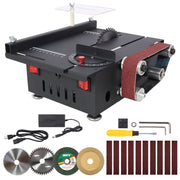 Mini Table Saw,Belt Sander,4pcs Blades,10pcs Sanding Blet,7 Gear Adjustable 0-90° Angle, Available for Wood/PCB/Acrylic/Plastic,DIY Model Crafts Cutting Tool