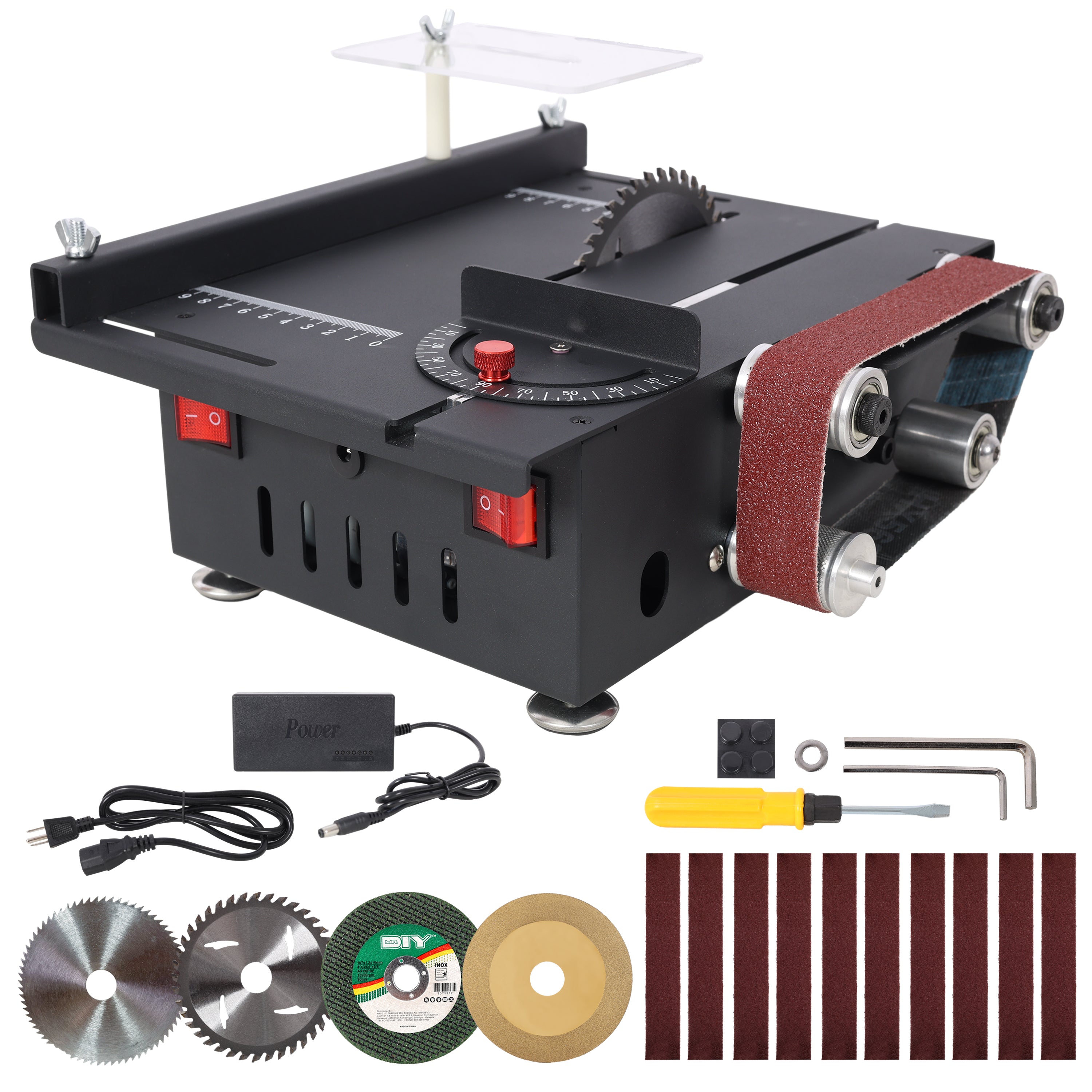 Mini Table Saw,Belt Sander,4pcs Blades,10pcs Sanding Blet,7 Gear Adjustable 0-90° Angle, Available for Wood/PCB/Acrylic/Plastic,DIY Model Crafts Cutting Tool