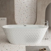 59'' acrylic freestanding bathtub with unique diamond pattern design: spacious oval shape,  Gloss white finish, Chrome overflow and pop-up drain CUPC Certificate
