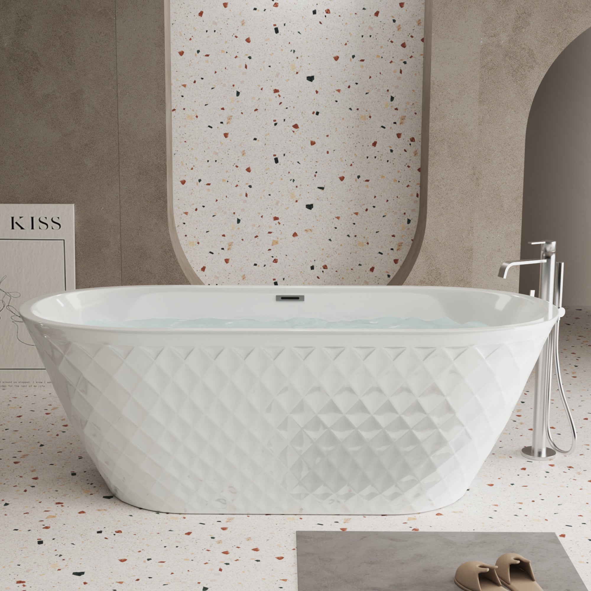 59'' acrylic freestanding bathtub with unique diamond pattern design: spacious oval shape,  Gloss white finish, Chrome overflow and pop-up drain CUPC Certificate