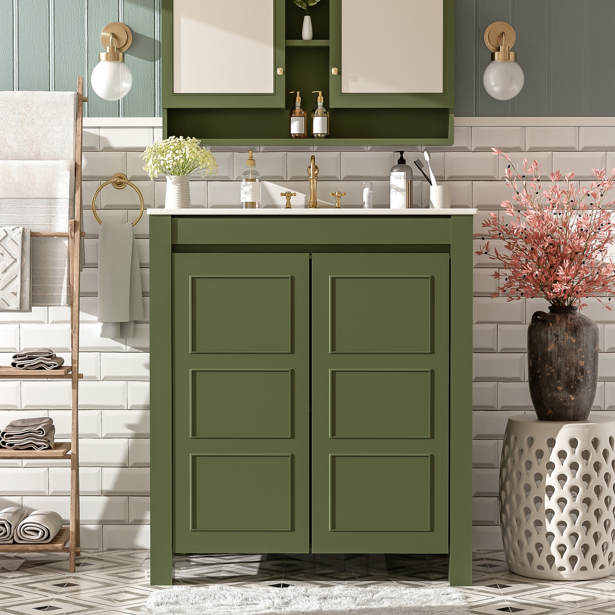 30'' Farmhouse Bathroom Vanity with Ceramic Sink, Soft-Close Door, Adjustable Shelf, Olive Green Storage Cabinet, Modern Wood Frame, Spacious Design, and Easy-to-Clean Surface