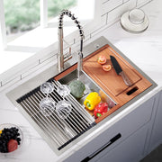 33 x 22 Drop In Stainless Steel Workstation Sink, 33 Inch 18-Gauge Stainless Steel Drop-In Kitchen Sink, Handmade Single Bowl Workstation R10 Rounded Corner kitchen Sink with Accessories