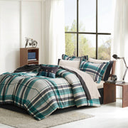 9 PCS Queen Plaid Comforter Set with Bed Sheets Teal/Black
