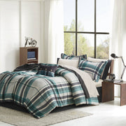 7 PCS Twin Plaid Comforter Set with Bed Sheets Teal/Black