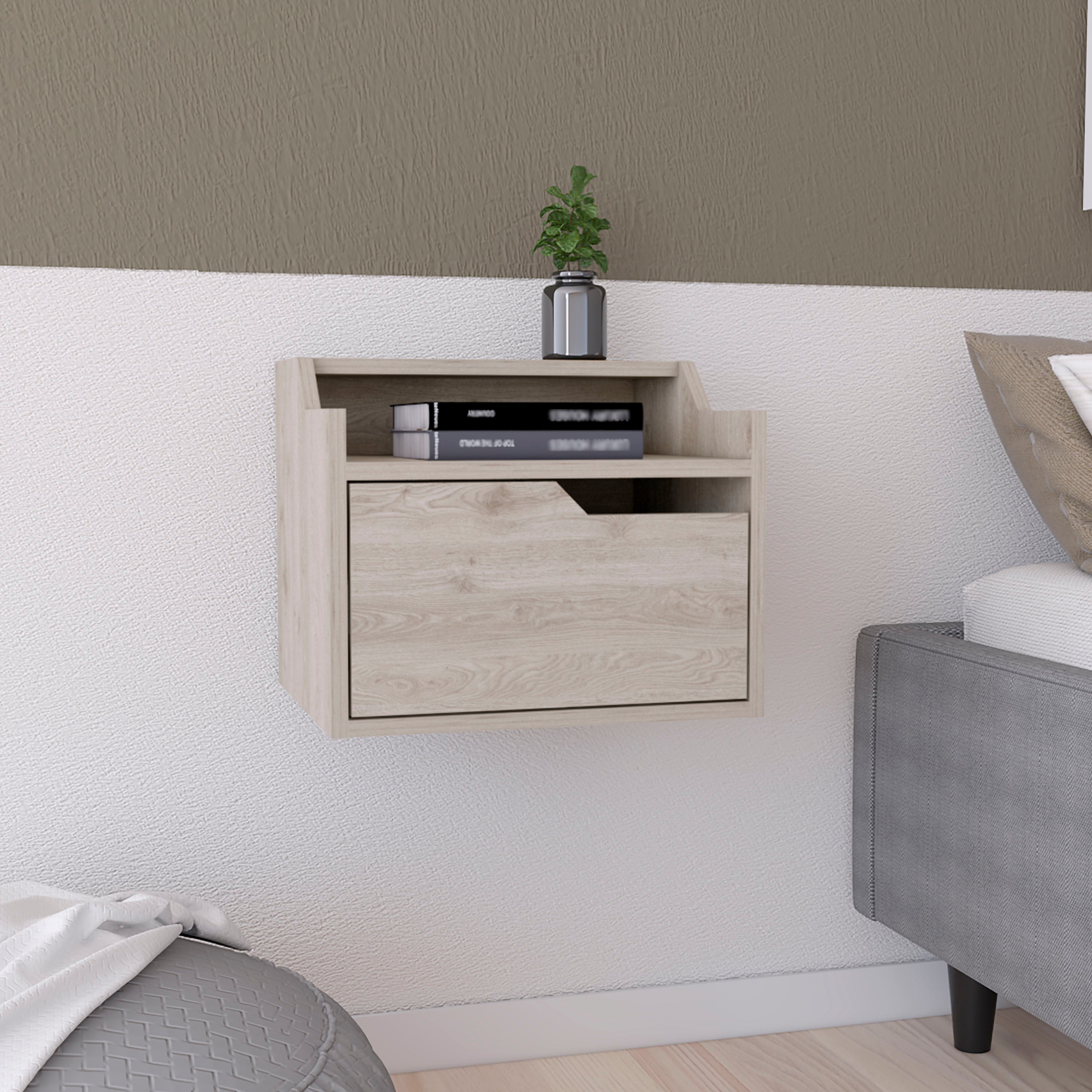 Winchester Floating Nightstand, Modern Dual-Tier Design with Spacious Single Drawer Storage, Light Gray
