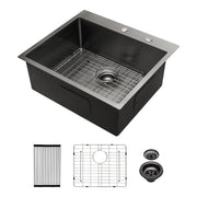 Gunmetal Black 25 x 22 Inch Drop-in Kitchen Sink Topmount 16 Gauge Deep Single Bowl Stainless Steel Basin