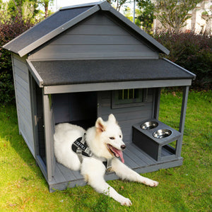 Large dog house, long 44.2' x wide 44.6' x high 44.6' Solid wood asphalt roof dog house with large terrace for large dogs, weatherproof large dog house (improved),Small wooden doors that can be locked