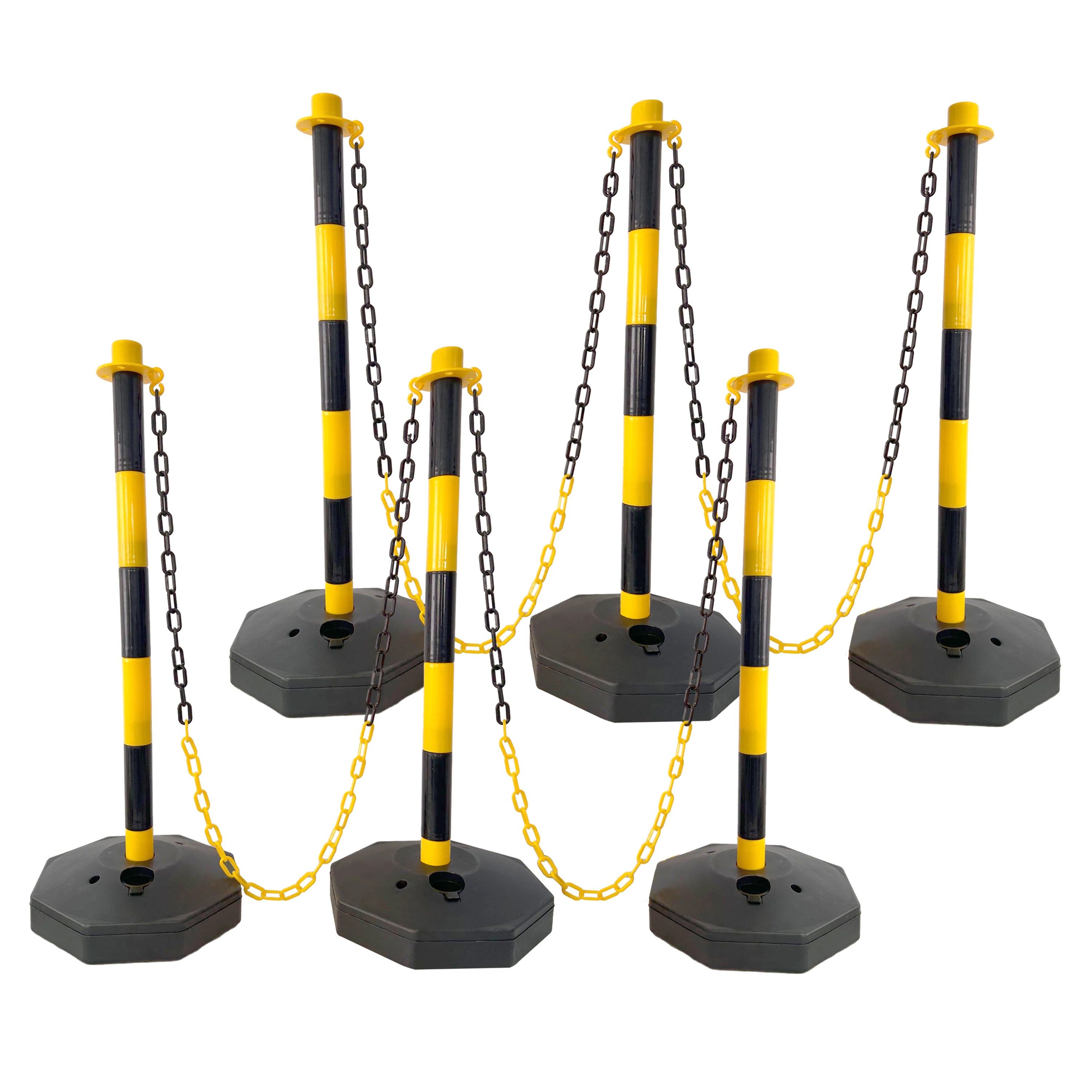6 Pack Traffic Delineator Post Cones with Fillable Base, Adjustable Plastic Safety Barrier with 5Ft Plastic Chain, Outdoor and Indoor Crowd Control Stanchion for Traffic Control and warning Y/B