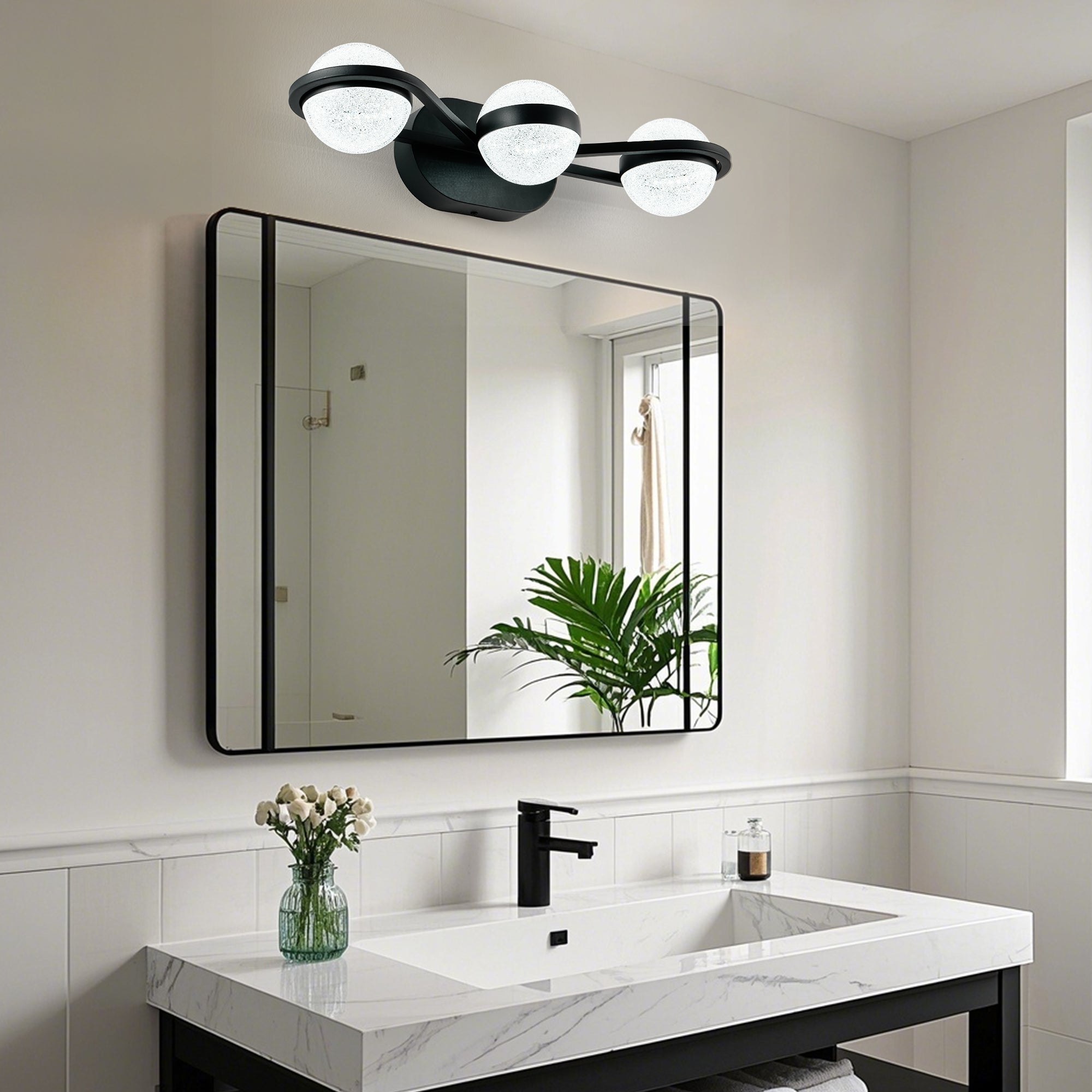 Bathroom Vanity Light, LED 3 Bulb Crystal Sand Acrylic Shades, Wall Mounted Decorative Lighting Fixture, Suitable for Bathroom Vanity Mirror (Black)