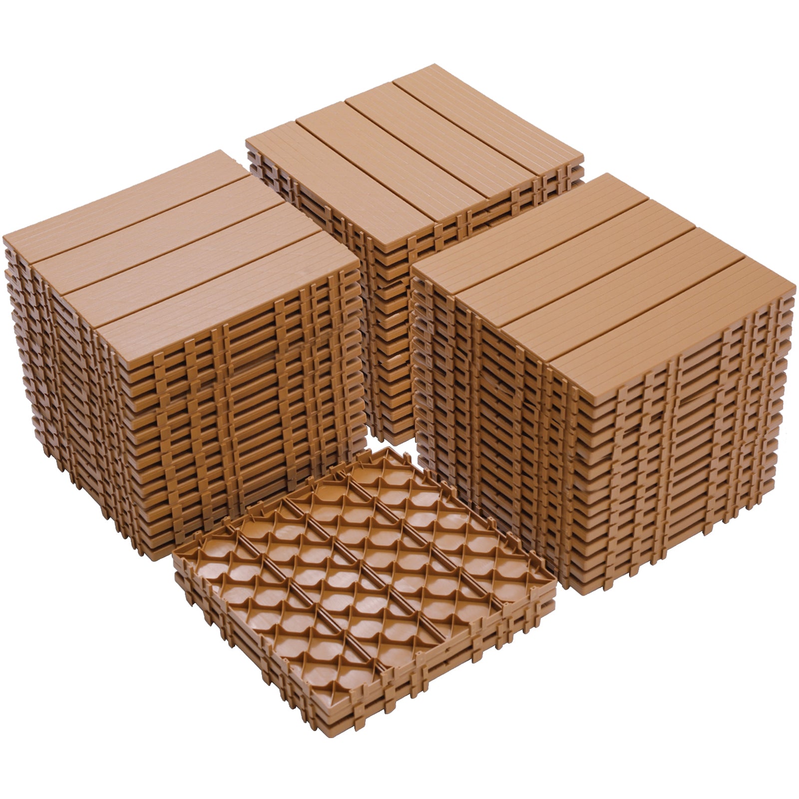 Burlywood Plastic Interlocking Deck Tiles, Waterproof Patio Flooring, 12.00'x12.00', All Weather Use