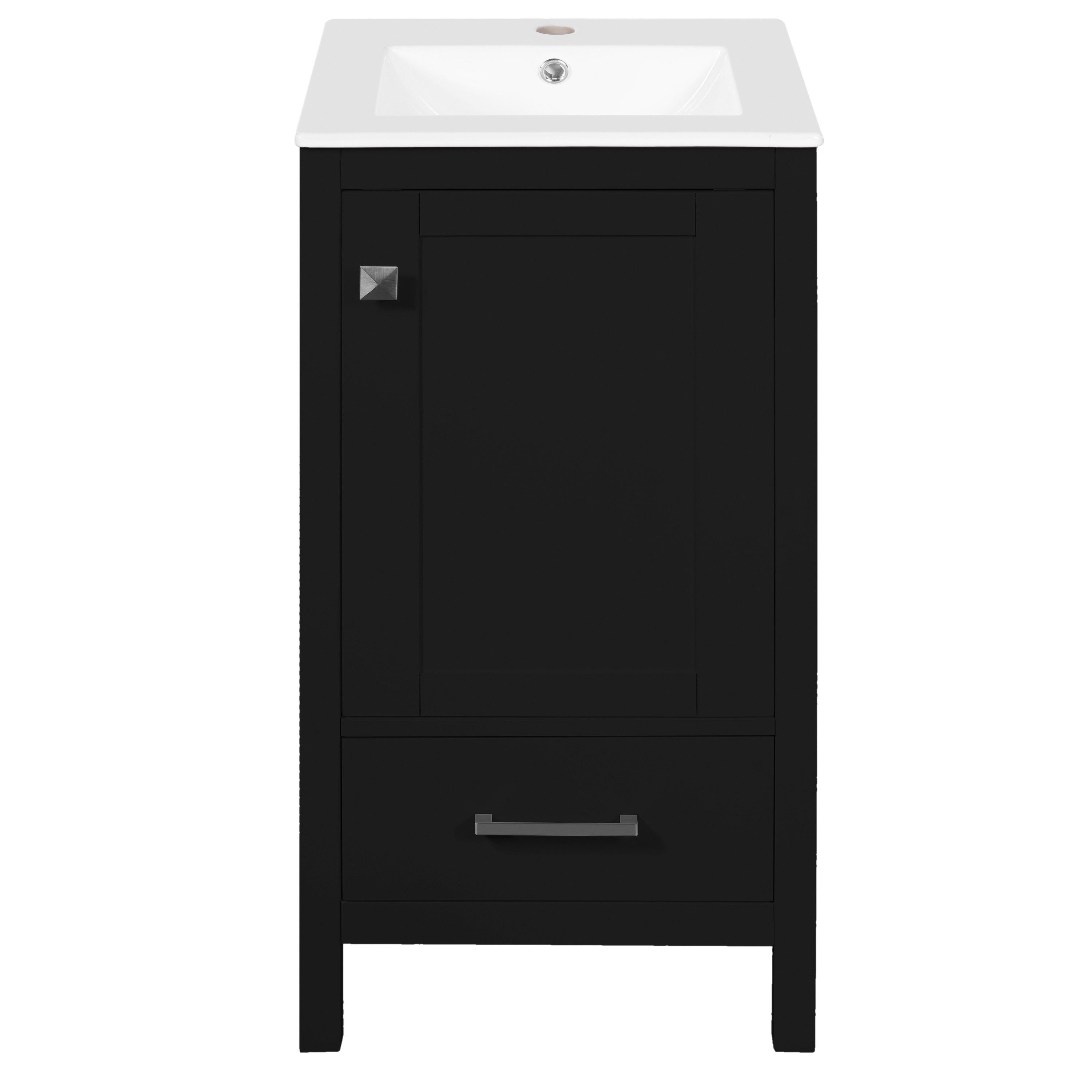 18-Inch Modern Bathroom Vanity with Ceramic Sink, Soft-Close Drawers, Door Organizer, Divider Drawer, Adjustable Foot Pads – Black Solid Wood Frame, Zinc Alloy Handles for Compact Spaces.