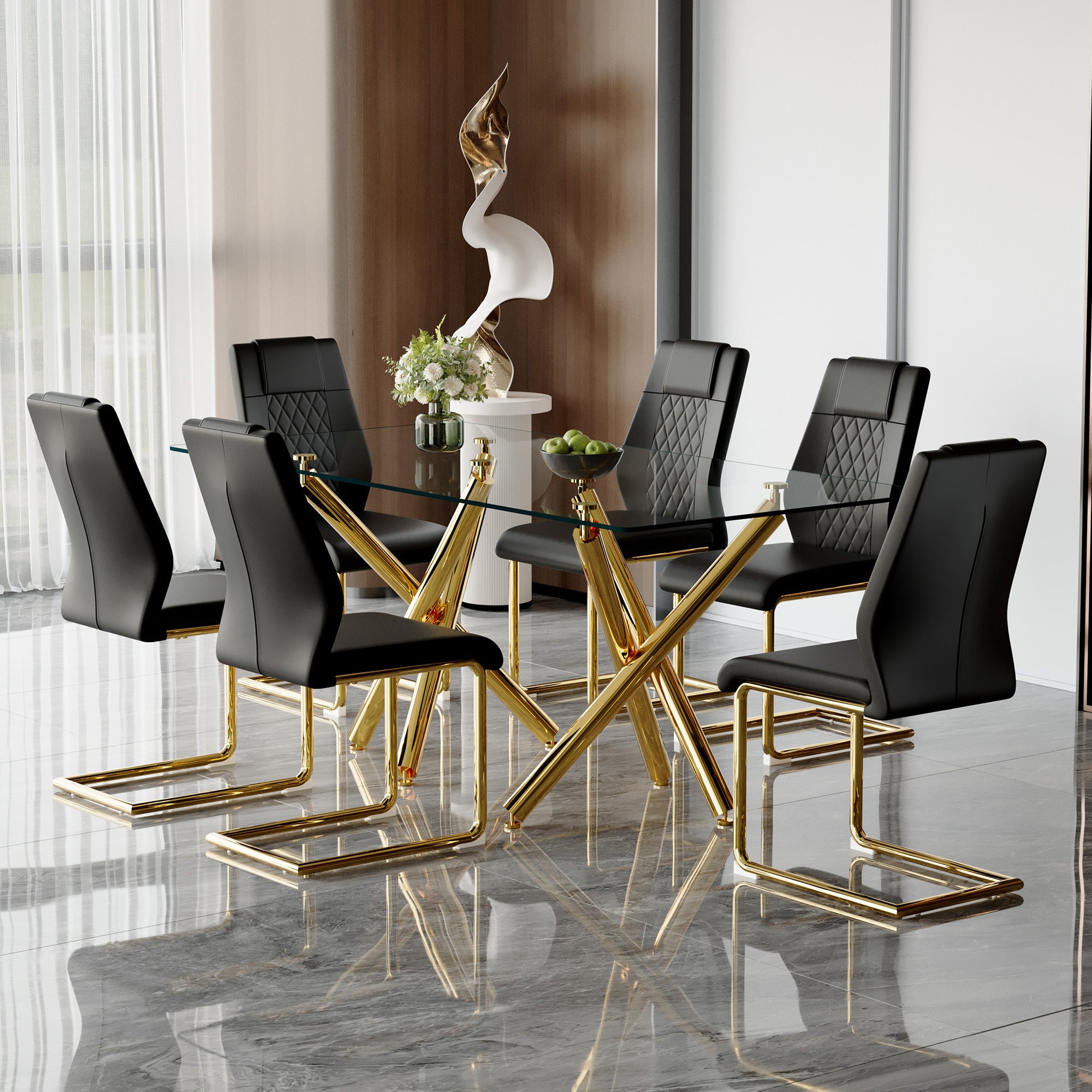 Table and chair set.Modern Luxurious Transparent Tempered Glass Dining Table Set with 6 Chairs.Double Forked Golden Metal Table Legs.Black high-quality PU dining chairs with golden metal legs.