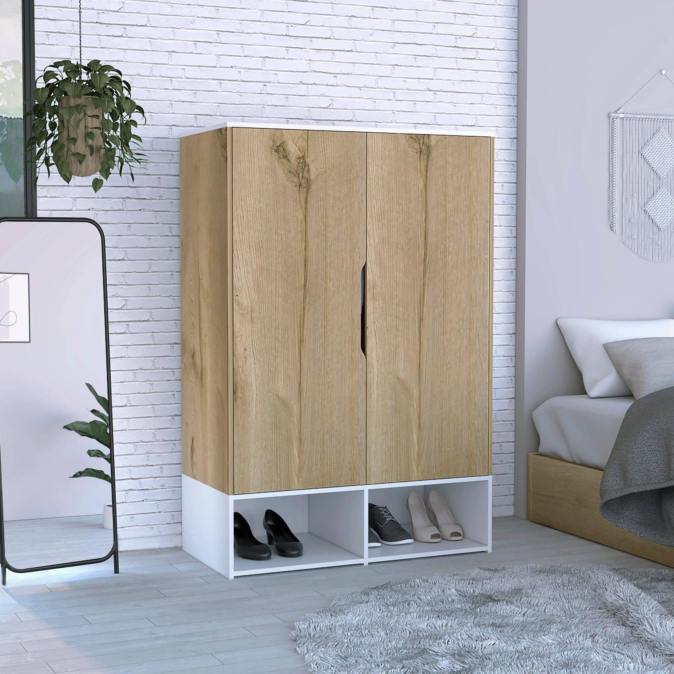 Armoire, Double Door Cabinets, Five Shelves, Hanging Rod, Two Open Shelves, Light Oak / White