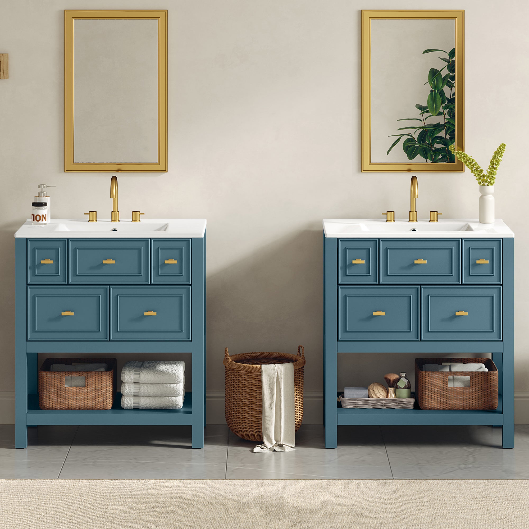 60'' Bathroom Vanity Set with Ceramic Sink (Separate), Free Standing Single Vanity Set with Drawers, Solid Wood Frame Bathroom Storage Cabinet