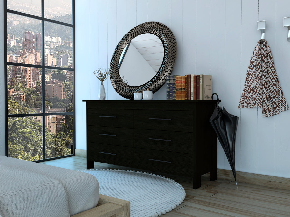 Double Dresser, Four Legs, 6 Drawer, Superior Top, Black