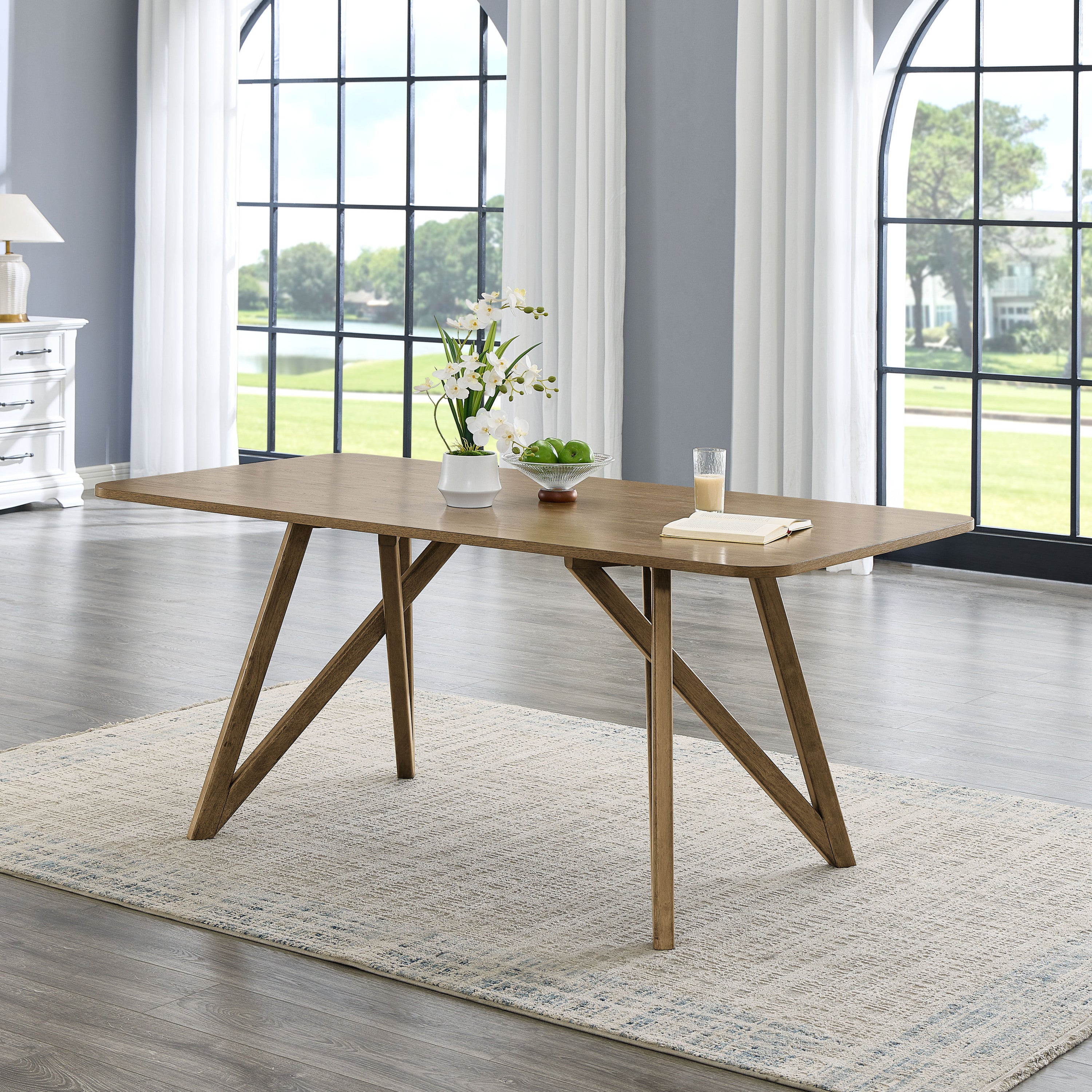 Darla 70'W Rectangular Walnut Oak Geometric Cross Base Dining Table
