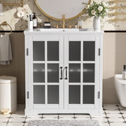 30' Modern Bathroom Vanity with Ceramic Sink, Bathroom Vanity Cabinet with Tempered Blurred Glass and Matte Black Handles, Equipped with Large Storage Space and Rubber Wood Frame, White