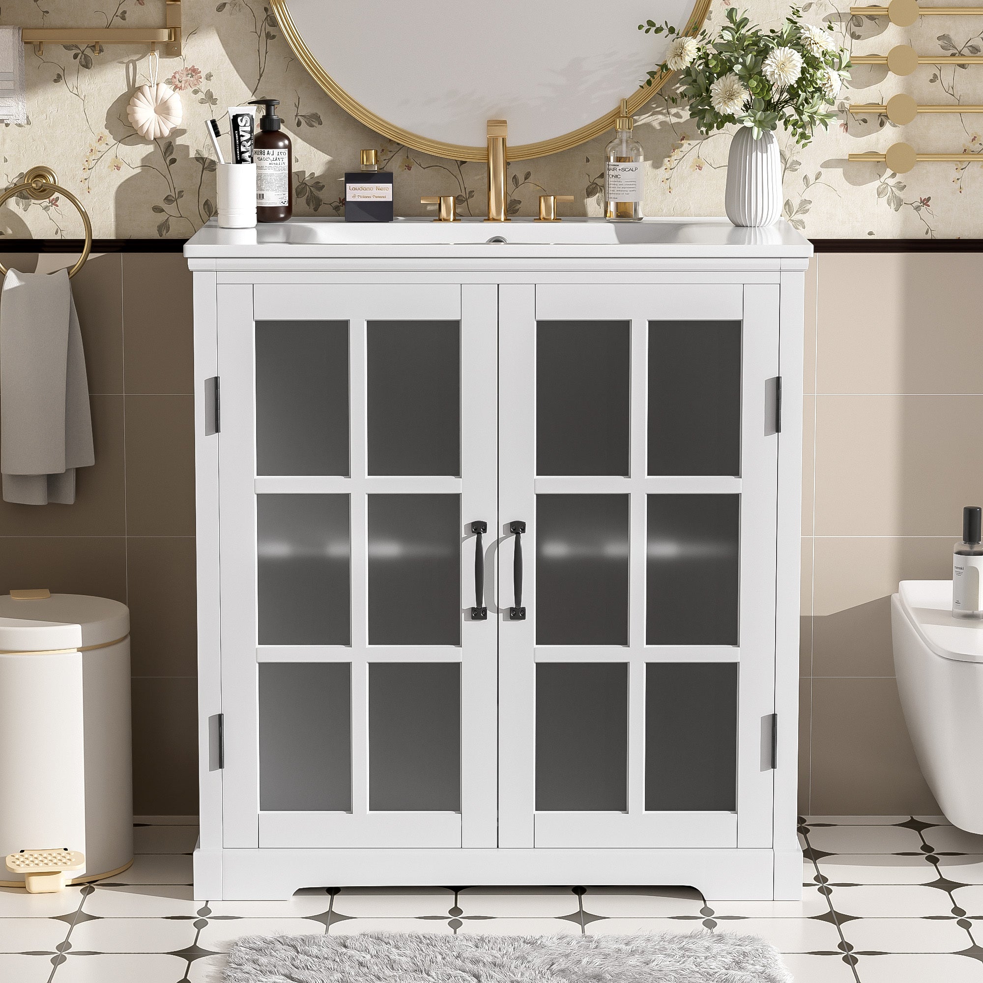 30' Modern Bathroom Vanity with Ceramic Sink, Bathroom Vanity Cabinet with Tempered Blurred Glass and Matte Black Handles, Equipped with Large Storage Space and Rubber Wood Frame, White