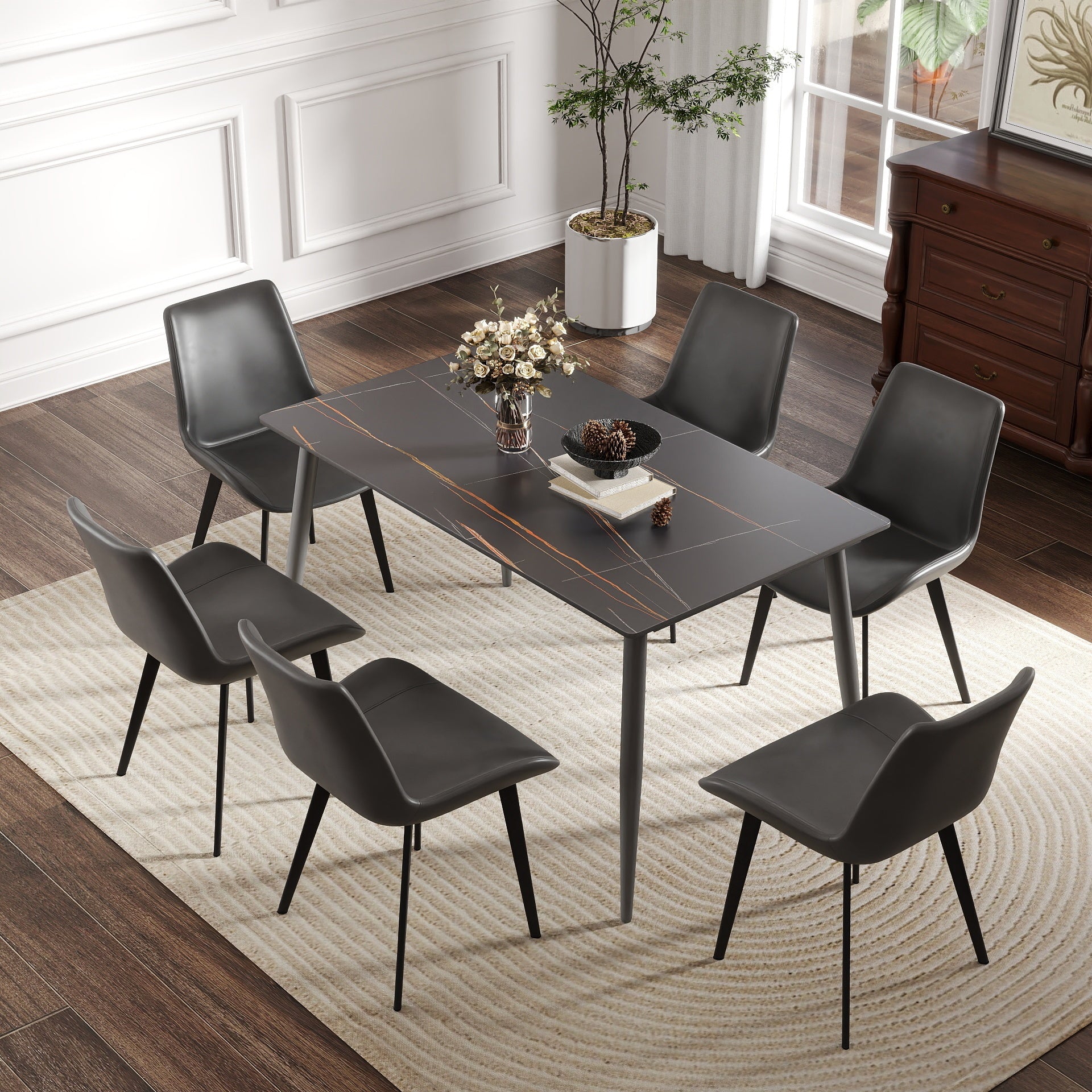 55.12' Modern Artificial Stone Black Straight Edge Dark Grey Metal Leg Dining Table-Can Accommodate 6 People(Dining Table Only)
