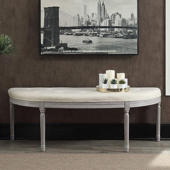 'Coastal Button Tufted Light Beige Upholstered Bench with Weathered Gray Legs
'