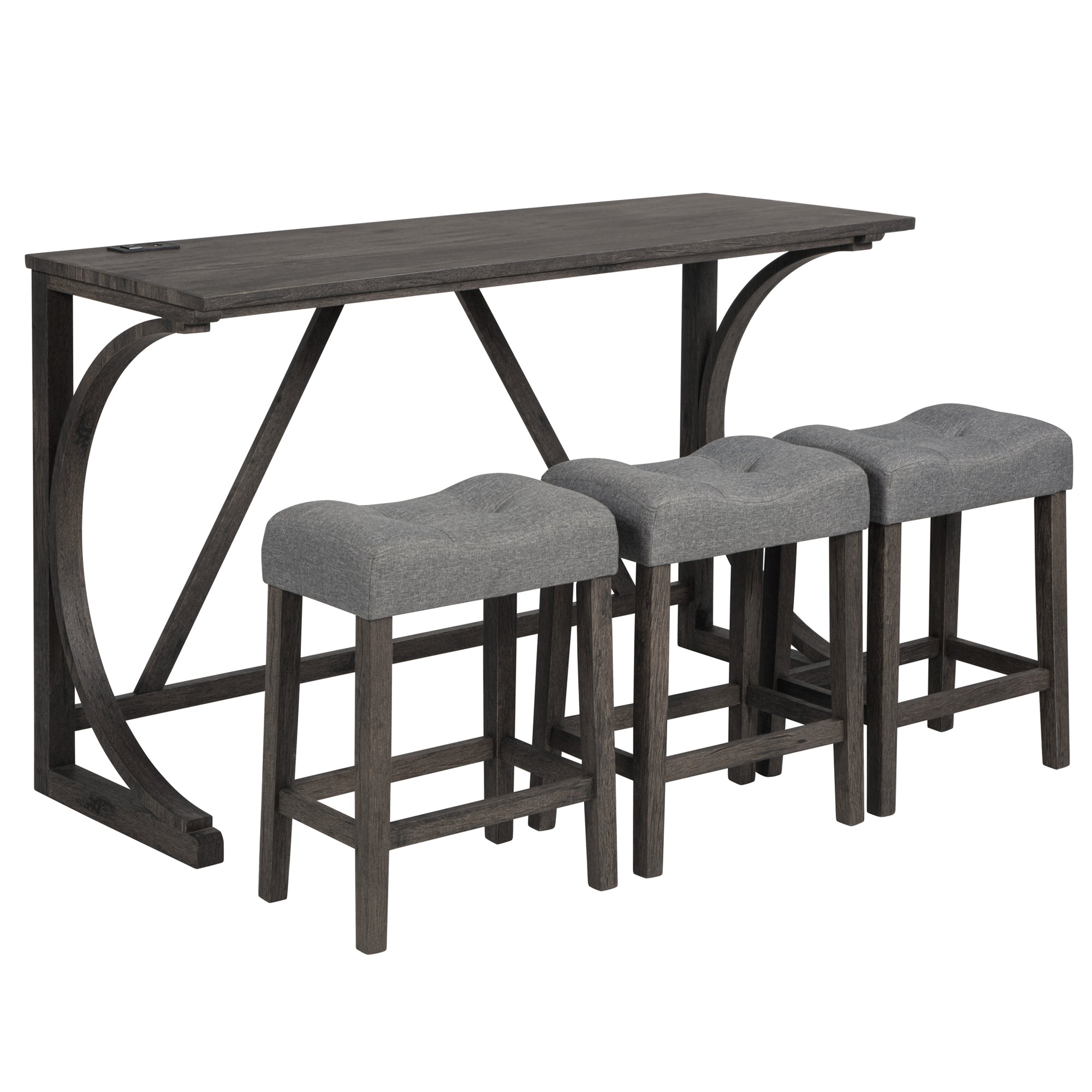 4-Piece Bar Table Set with Power Outlet, Dining Bar Table and Chairs Set, Bar Table Set with 3 Padded Stools for Living Room, Dining Room, Game Room, Dark Gray