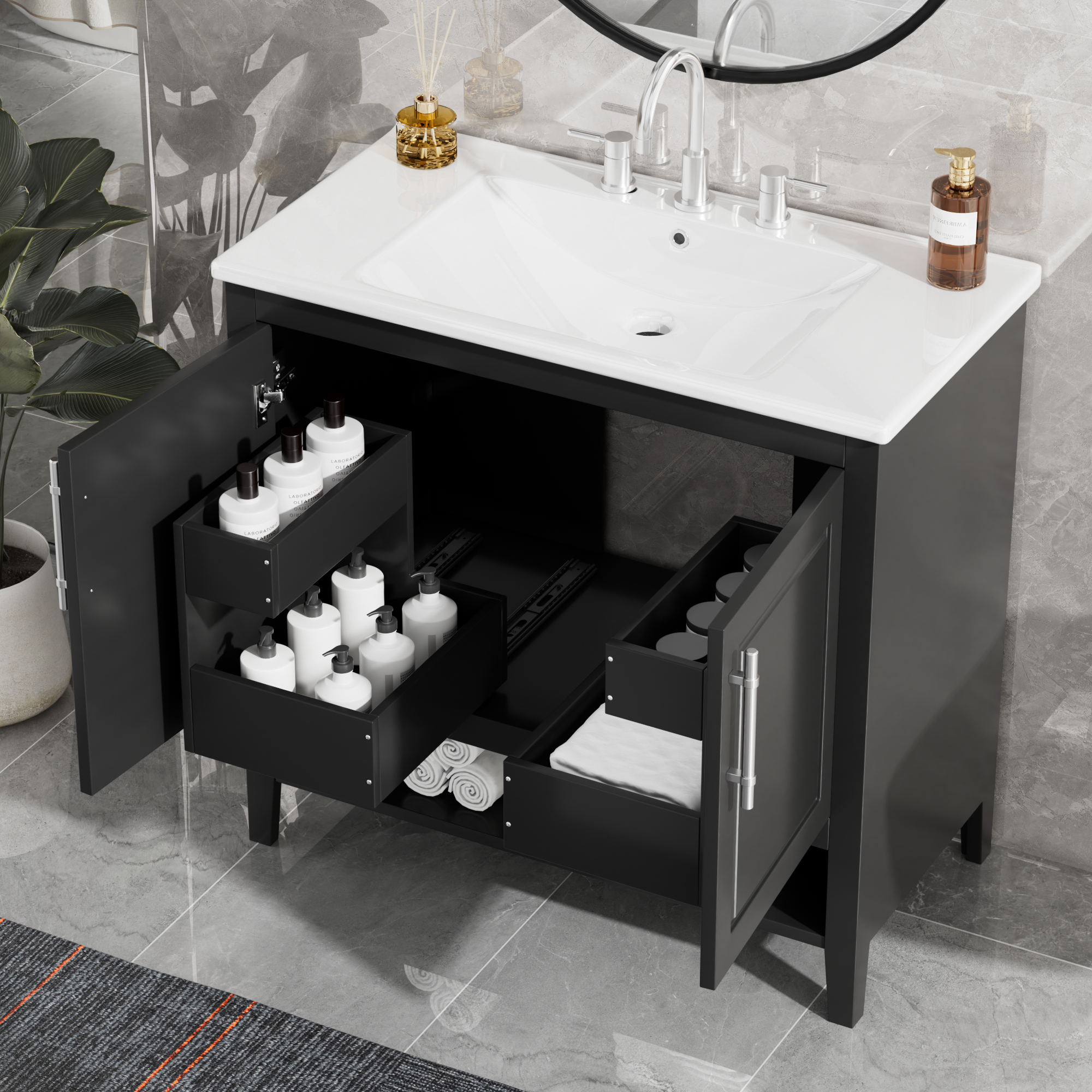 36' Bathroom Vanity with Sink, Multi-functional Bathroom Cabinet with Doors and Drawers, MDF Frame and MDF Board, Black