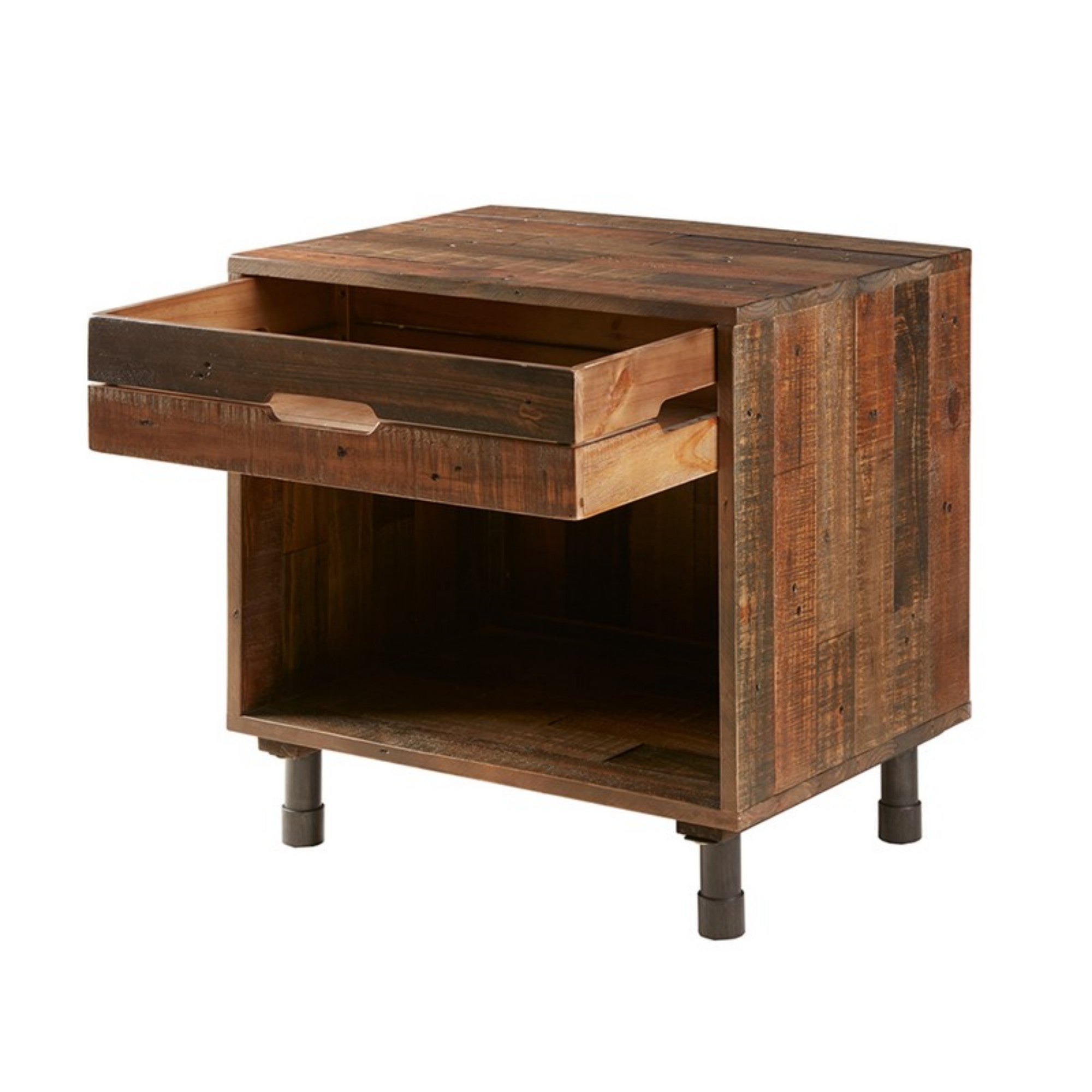Renu Collection Nightstand with Drawer and Compartment in Light Brown Multi Wood and Gun Metal Frame