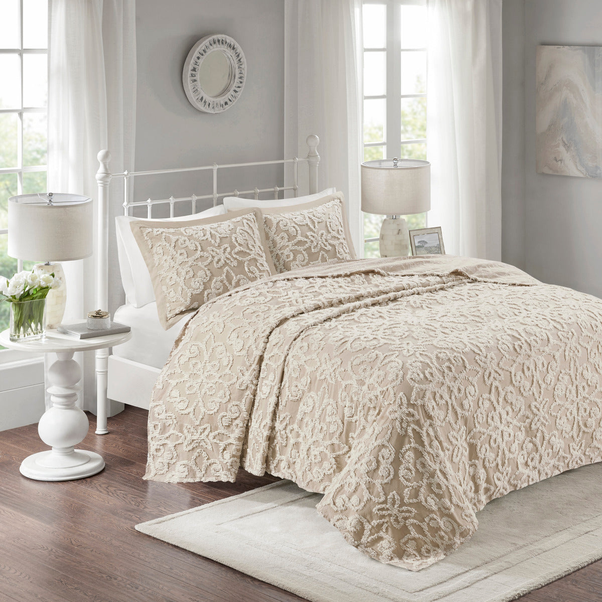 3 piece Tufted Cotton bedspread set Taupe King/Cal King