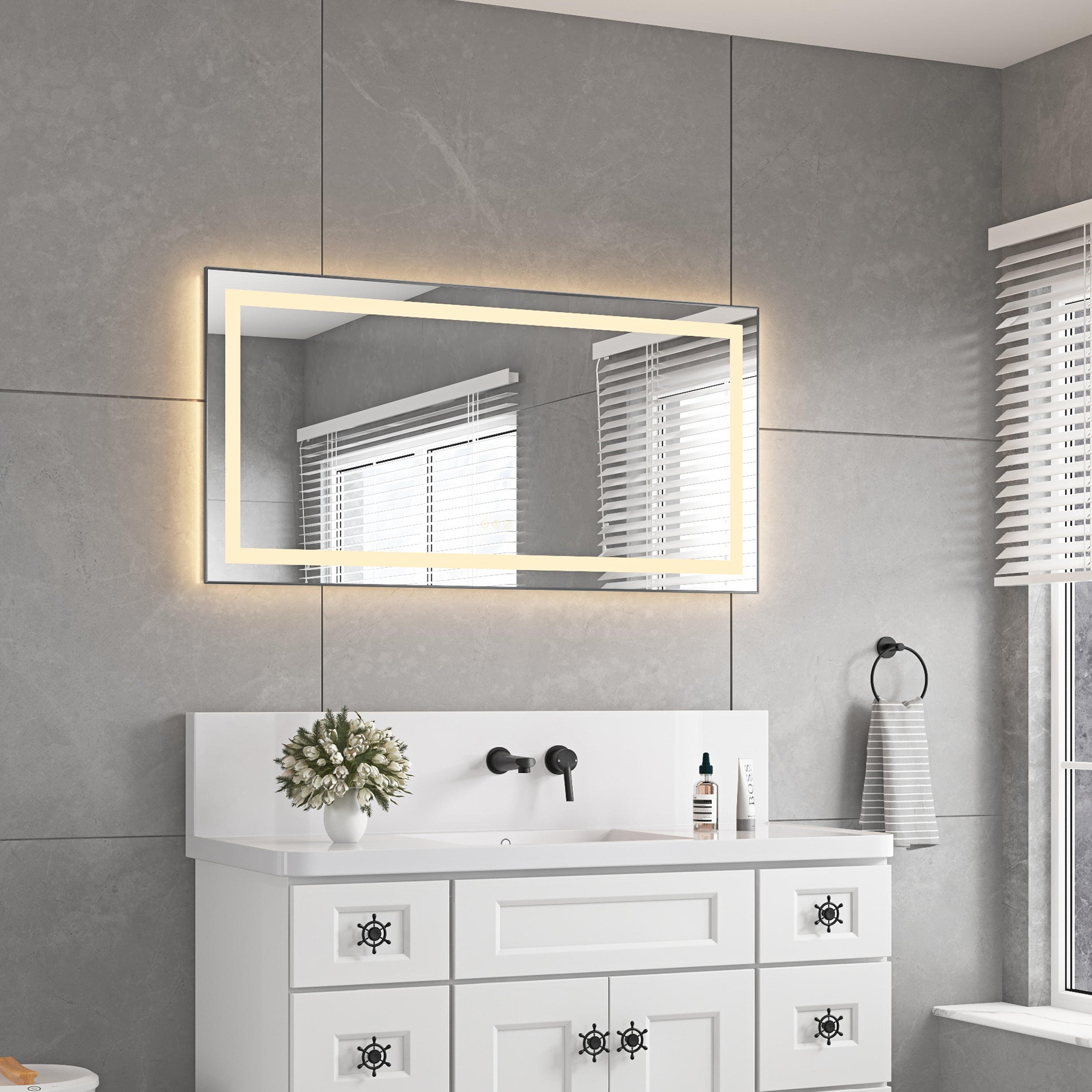 48 x 24 Inch LED Bathroom Mirror with Front and Backlight, Wall Mounted Vanity Mirror with Aluminum Frame, Anti-Fog, Memory, 3 Colors, Stepless Dimmable