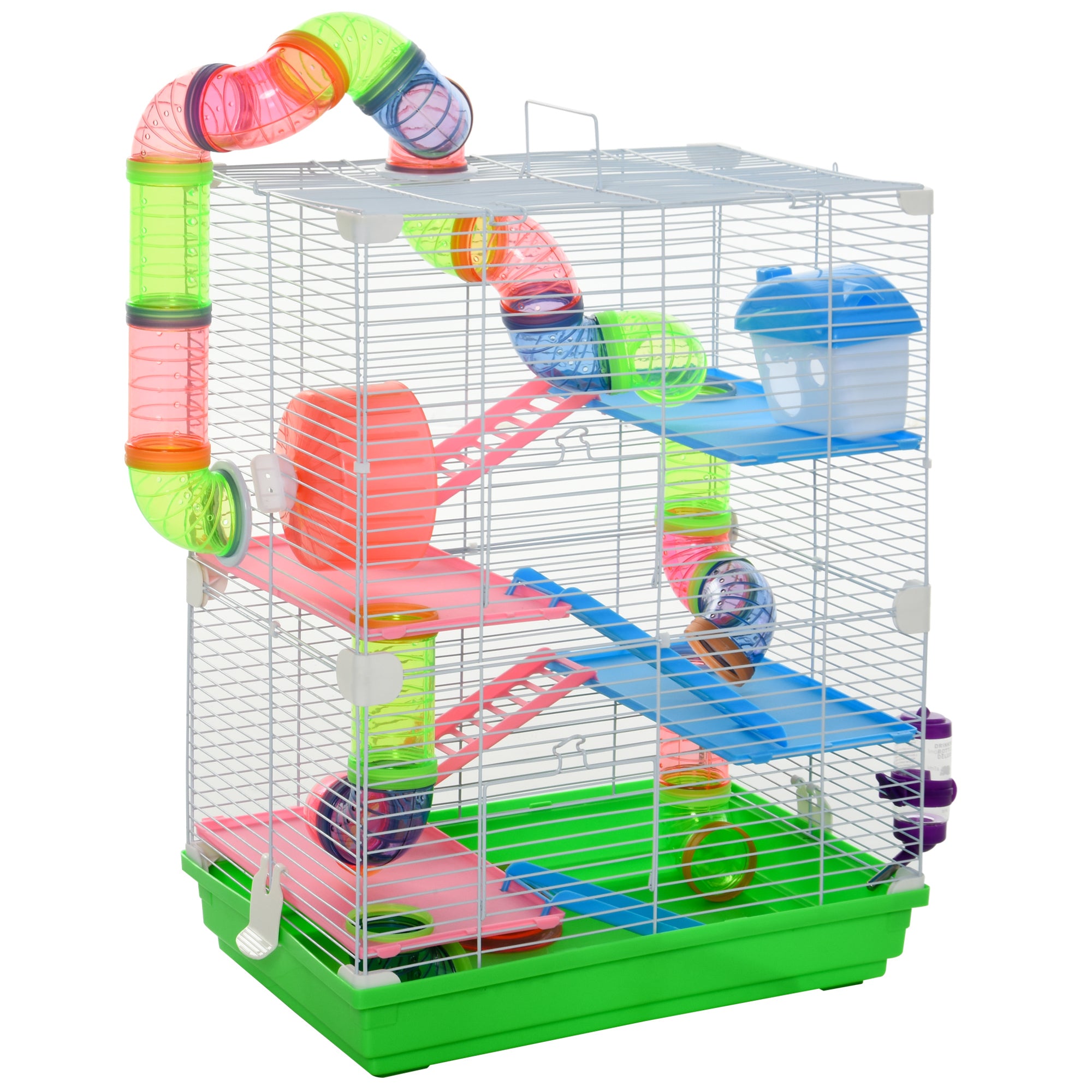 PawHut 18' 5 Tier Hamster Cage with Tubes and Tunnels, Small Animal Cage with Portable Carry Handle, Rat Gerbil Cage with Water Bottle, Food Dish, Exercise Wheel