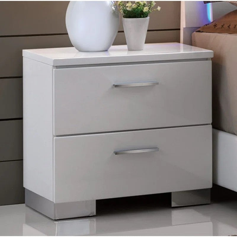 Contemporary High Gloss White Finish Nightstand 1pc Wooden Two Storage Drawers Bedroom Furniture