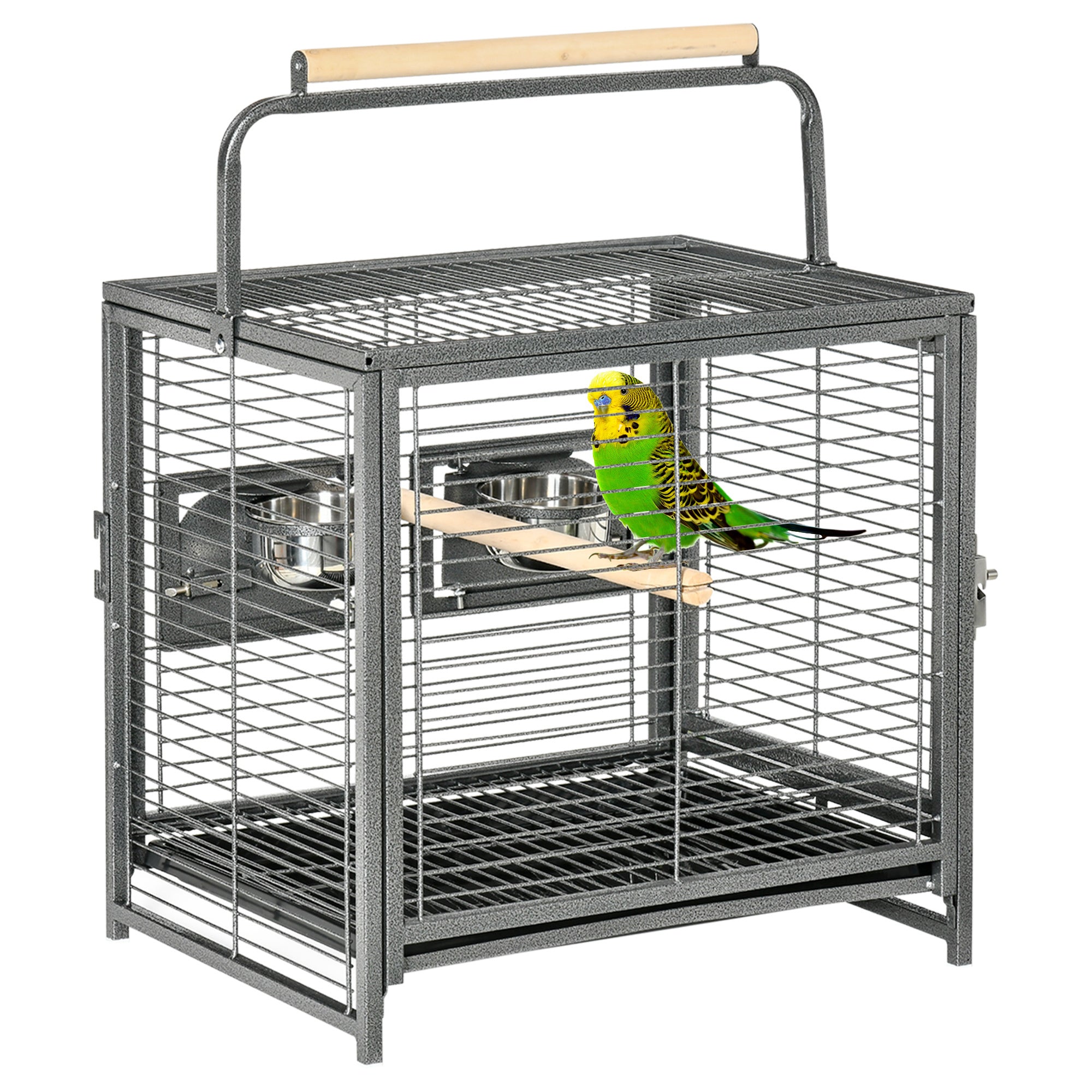 PawHut 19' Travel Bird Cage Parrot Carrier with Handle Wooden Perch for Cockatiels, Conures, Black