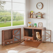 33' Solid Wood Dog Crate Furniture, Foldable Indoor Kennel with 360° Rotating Feeder Multi-Functional End Table for Small & Medium Dogs, Portable Pet Cage with Removable Tray & Easy Assembly
