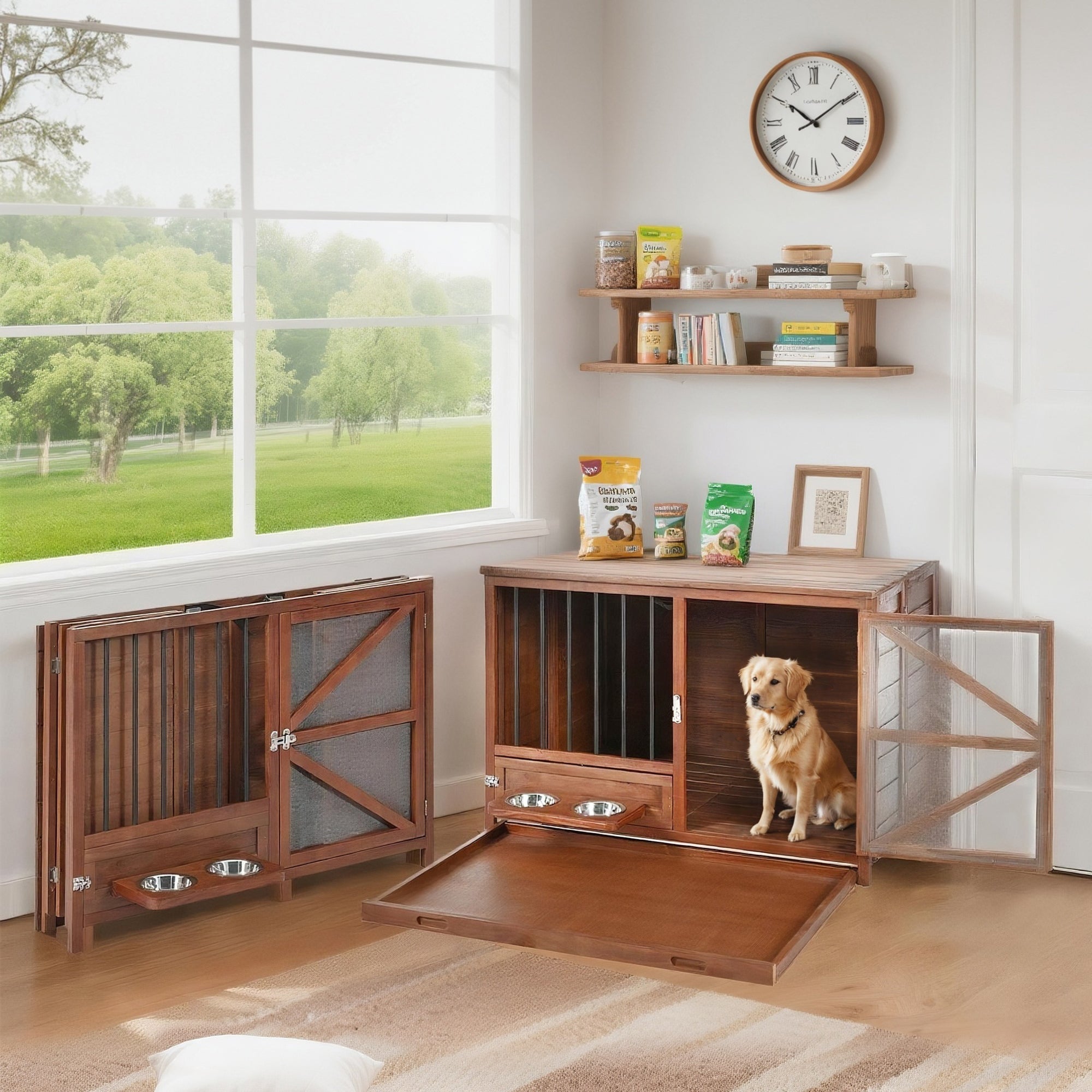 33' Solid Wood Dog Crate Furniture, Foldable Indoor Kennel with 360° Rotating Feeder Multi-Functional End Table for Small & Medium Dogs, Portable Pet Cage with Removable Tray & Easy Assembly