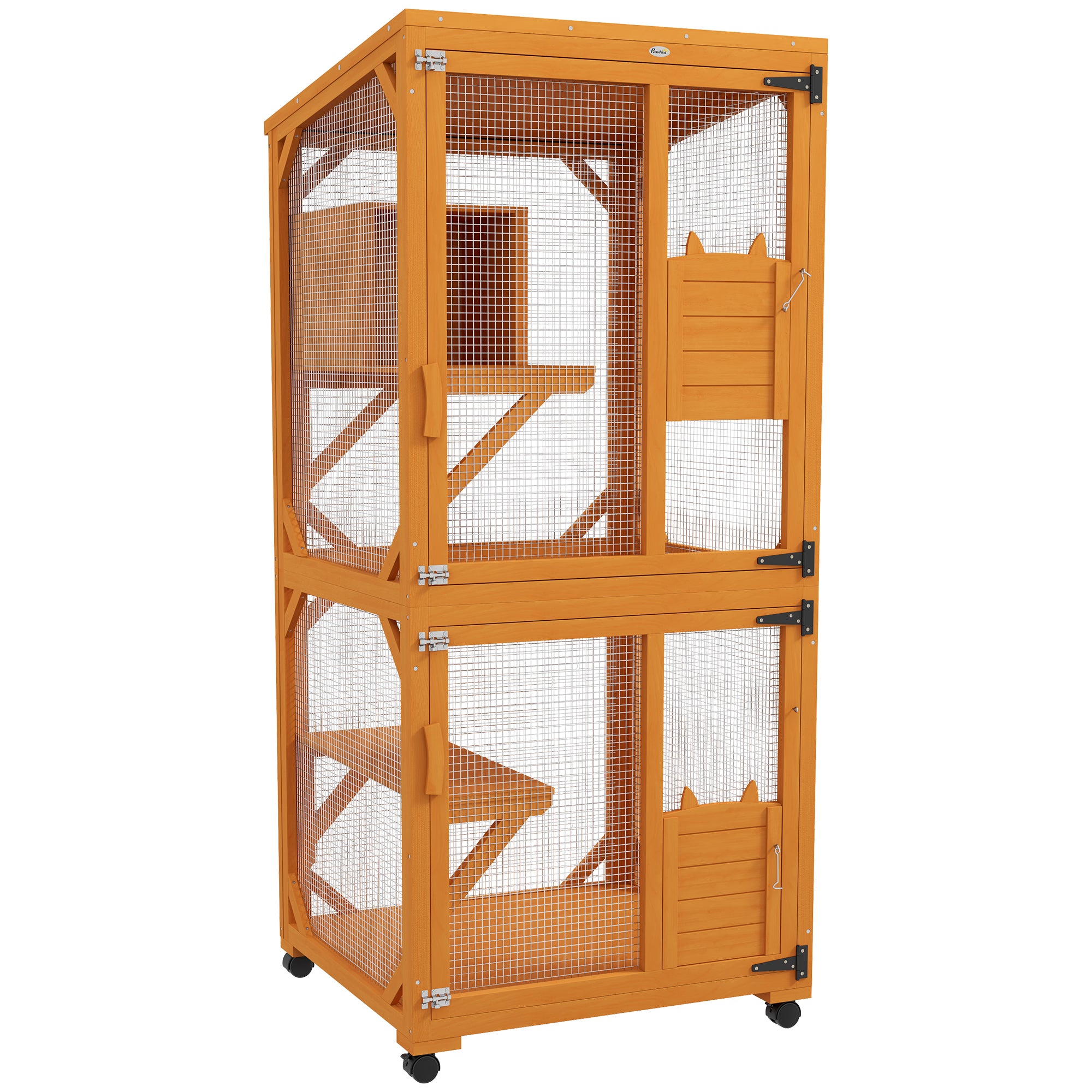 PawHut Large Cat House with High-Up Resting Box, 71' Wooden Catio with Asphalt Roof, Indoor & Outdoor Cat Enclosure on Wheels, for 1-3 Cats, Orange