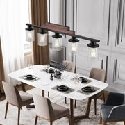 37' Farmhouse Industrial 5-Light Kitchen Island Pendant Light, Metal Wood Chandelier with Clear Glass Shades, Adjustable Height Hanging Fixture for Dining Room, Living Room, Kitchen (No Bulbs)