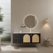 MANON 60' Bathroom Vanity with Sink, Wall-Mounted Plywood Storage Cabinet, 3 Drawers and 2 Doors, White Aluminum Nano Alloy Integrated Basin without Faucet, Pre-assembled, Black Oak Woodgrain Color