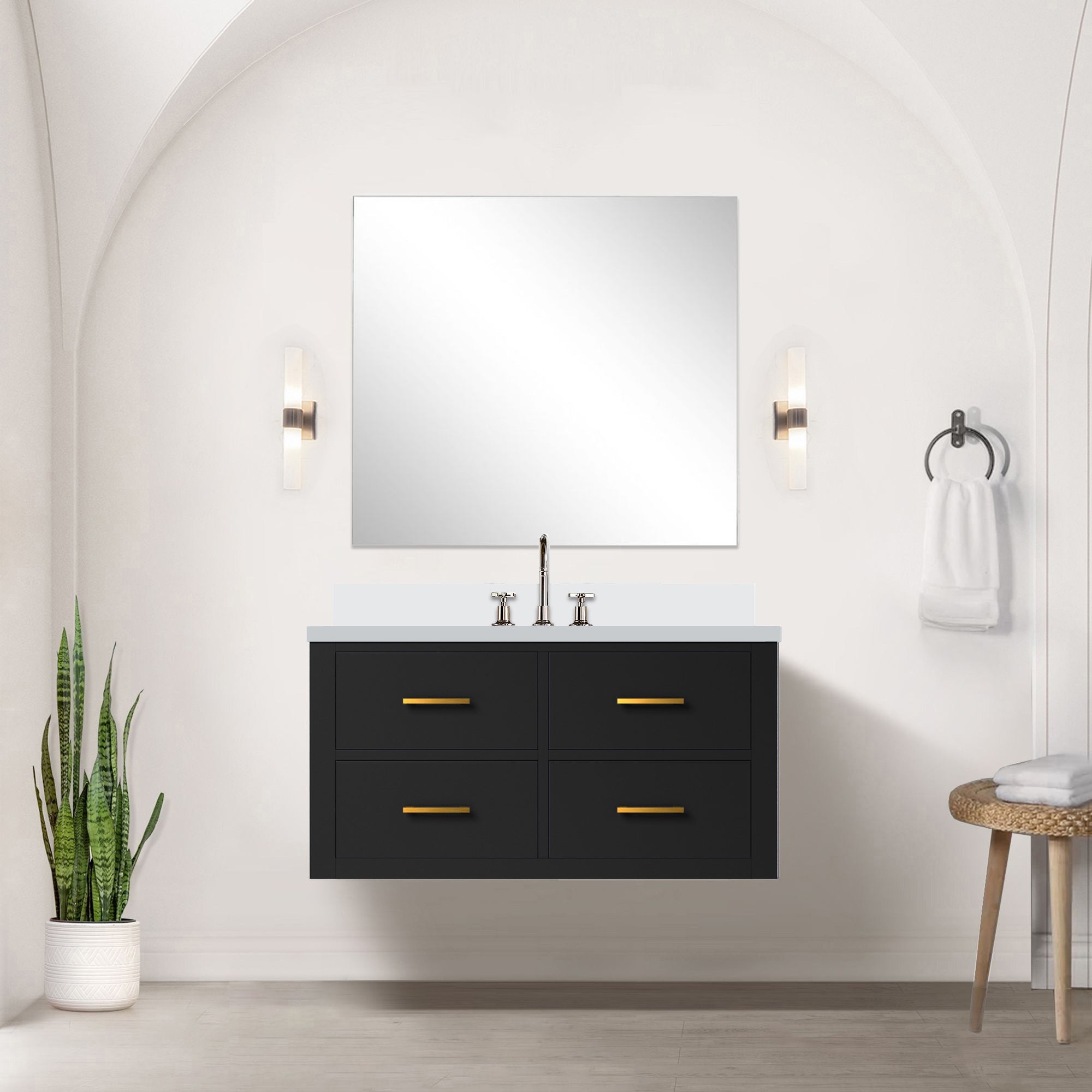 Black Single Bath Vanity 36 in. W x 22 in. D, White Quartz Top, and Faucet Set