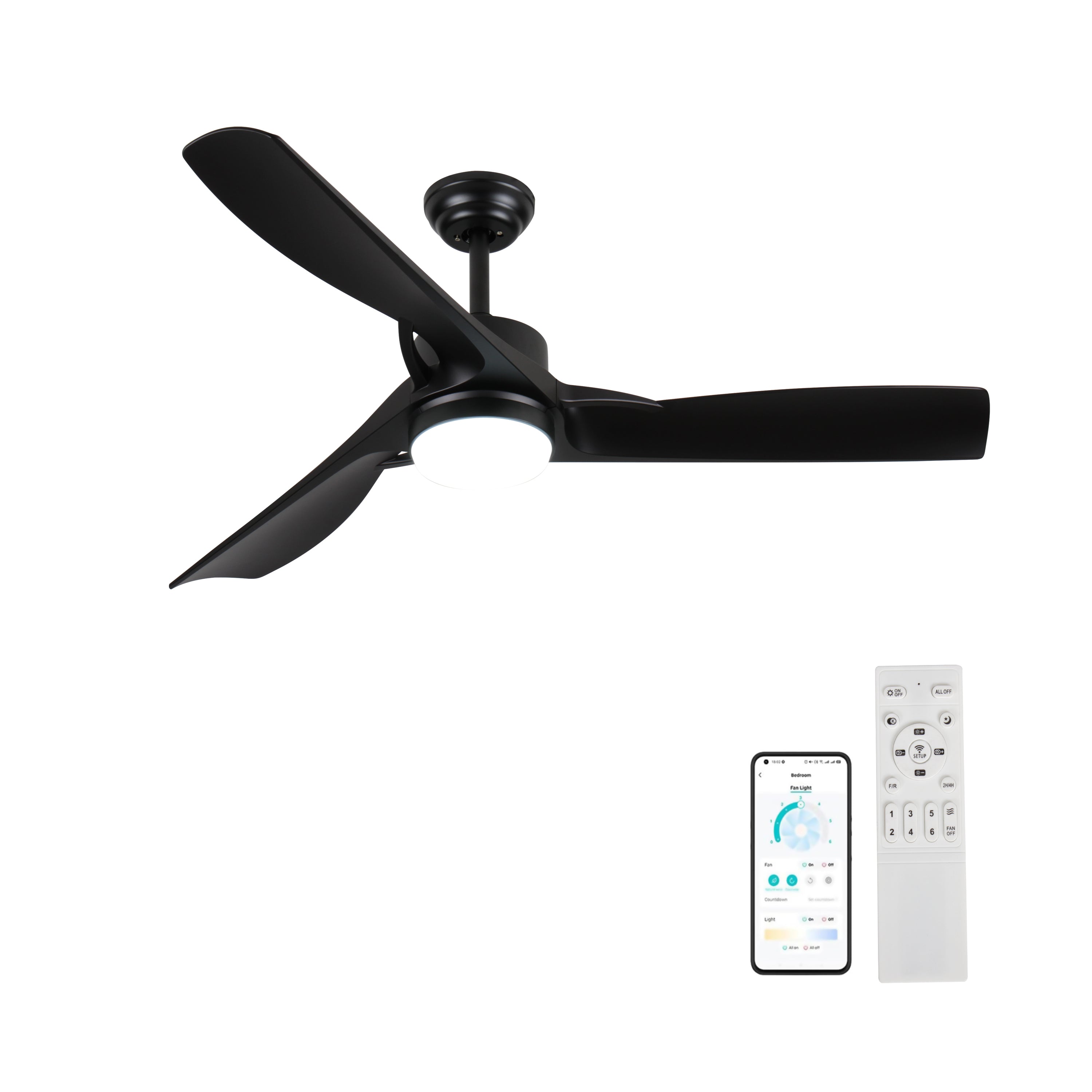52 Inch black Ceiling Fan with light,  Ceiling Fan with 3 Reversible Blades, 2 Downrods, 6-Speed Remote Control