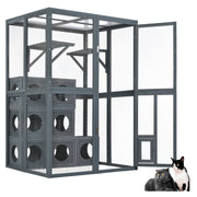 Grey Pine Wood Outdoor Cat House with Shelves and Weather Protection, Removable Wood Boxes