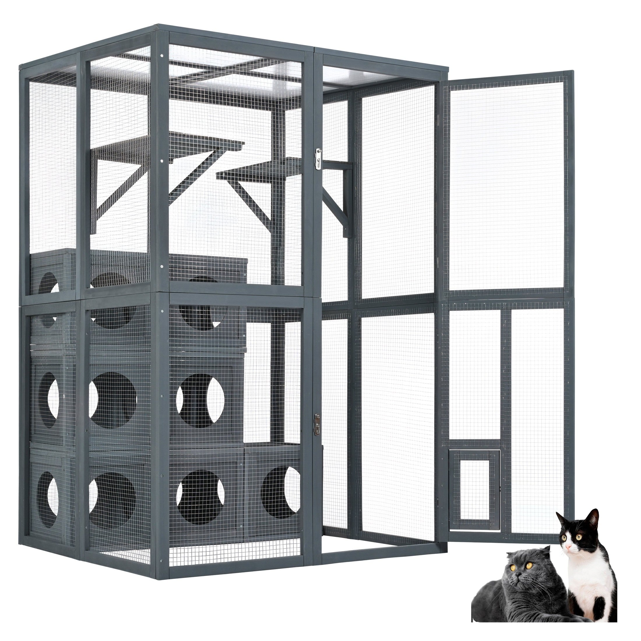Grey Pine Wood Outdoor Cat House with Shelves and Weather Protection, Removable Wood Boxes