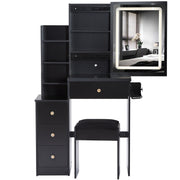 29.2' Small Size Left Bedside Cabinet Vanity Table + Cushioned Stool, 2 AC+2 USB Power Station, Hair dryer bracket, Extra Large Touch Control Sliding LED Mirror, Tri-color Switching, Brightness Adjust